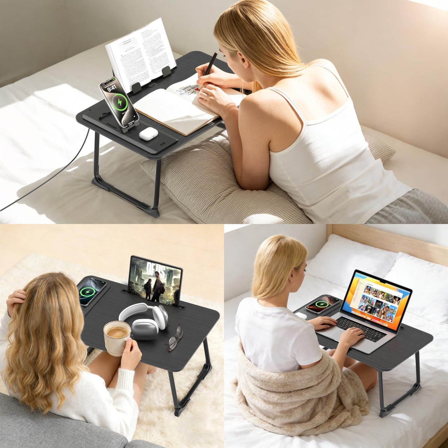 KONDOUND Foldable Laptop Desk for Bed with Wireless Charger - Large Lap Computer Tray Table with Tablet Slot and Book Shelf Read Table for Couch Chair Floor for Writing, Studying Eating, and WFH