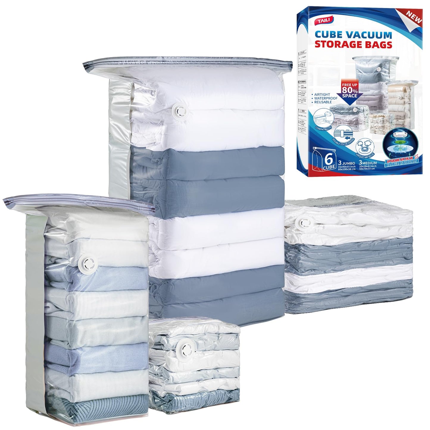 TAILI 6 Pack Vacuum Storage Bags, Cube Space Saver Bags Combo (3 Jumbo +3 Medium), Vacuum Seal Bags for Bedding, Clothing, Comforters, Blankets, Closet Oragnizer and Storage