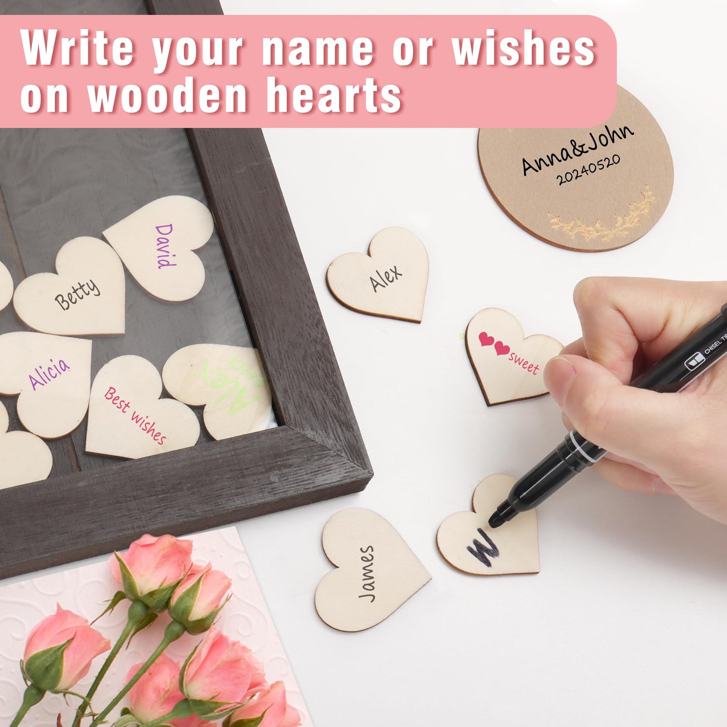 SELEAD Solid Wood Wedding Guest Book Alternative - Rustic Drop Top Picture Frame Sign with Chalkboard, 100pcs Wooden Hearts, Storage Box - Wedding Reception for Party Anniversary Birthday