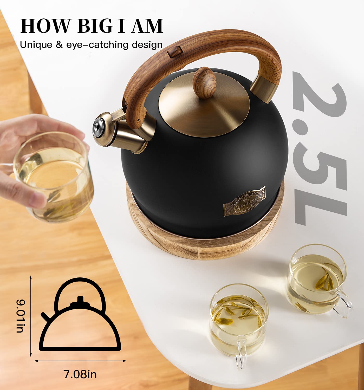 VICALINA Tea Kettle & Tea Pot, 2.64 Quart Food Grade Stainless Steel Induction Whistling Tea Kettle for Stove Top Home Daily Use Teapot with Cool Touch Ergonomic Handle Polished Black