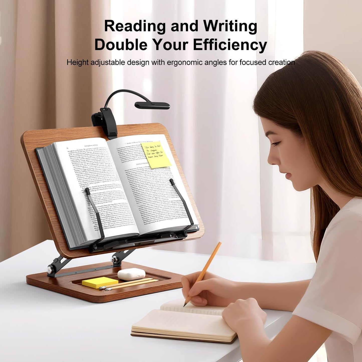 OPTIXCELL Book Stand for Reading with Light, Book Holders for Reading Hands Free, Adjustable Height & Angle, Fits Cookbook Recipe, Textbook, Foldable for Kitchen, Office, School,Gift for Book Lovers