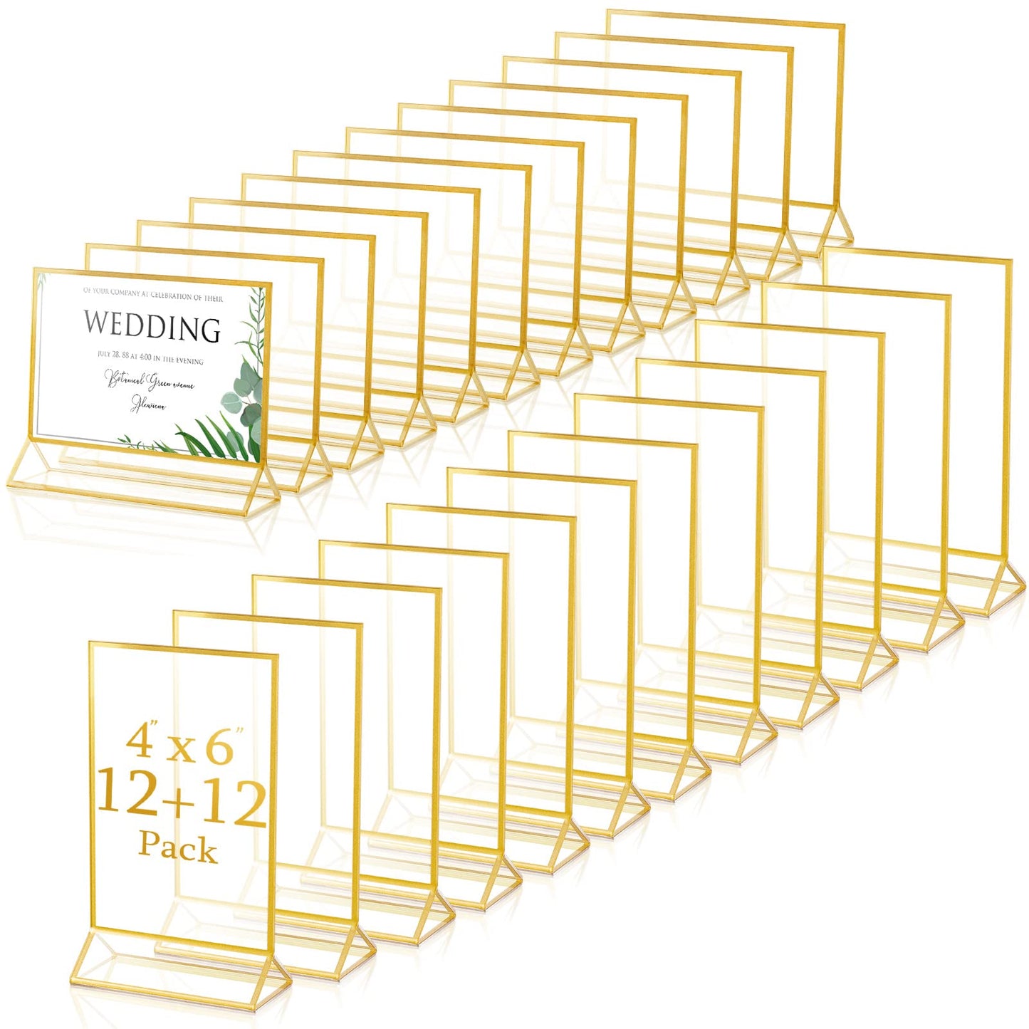 24 Pack Gold Picture Frames 4 x 6 Inch Clear Acrylic Sign Holders Double Sided Display Frames Bulk with Stand 2 mm Gold Border for Table Numbers Wedding Party (Horizontal, Vertical)