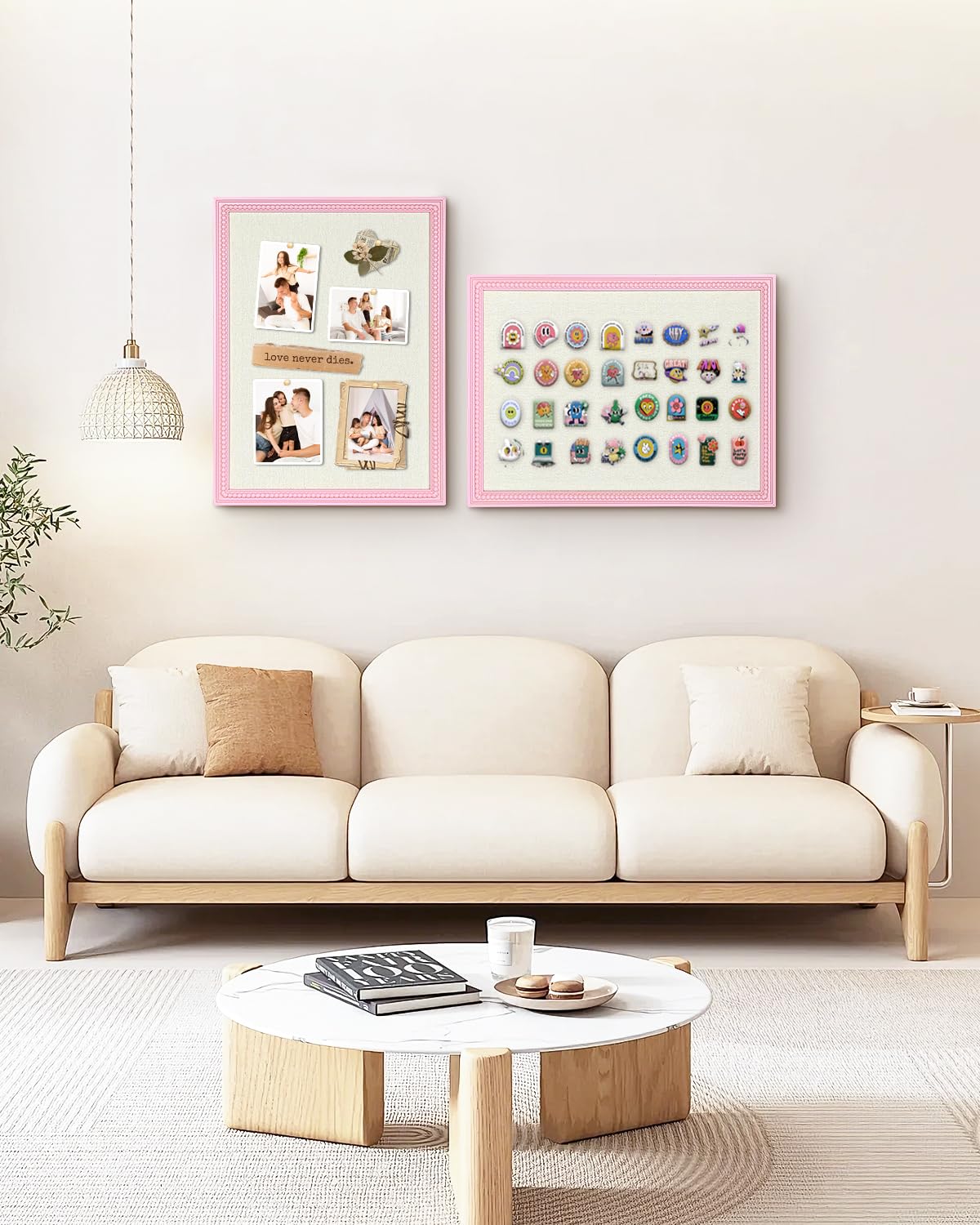 Framed Linen Bulletin Board - 18 x 24 inches Fabric Organizer Pinboard for Wall, Picture Display Vision Board, Cutecore Room Decor - Natural Linen with Pink Frame
