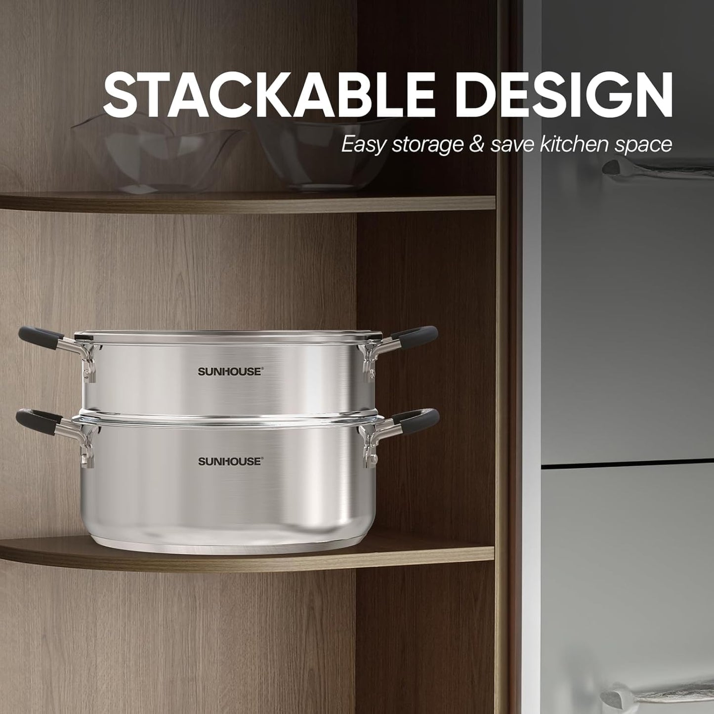 SUNHOUSE Stainless Steel Steamer Pot for Cooking - 5 QT Steaming Pot with Glass Lid & Steamer Basket - 2 Tier Tri-ply Vegetable Steamer with Stay-Cool Silicone Handles - Induction Compatible