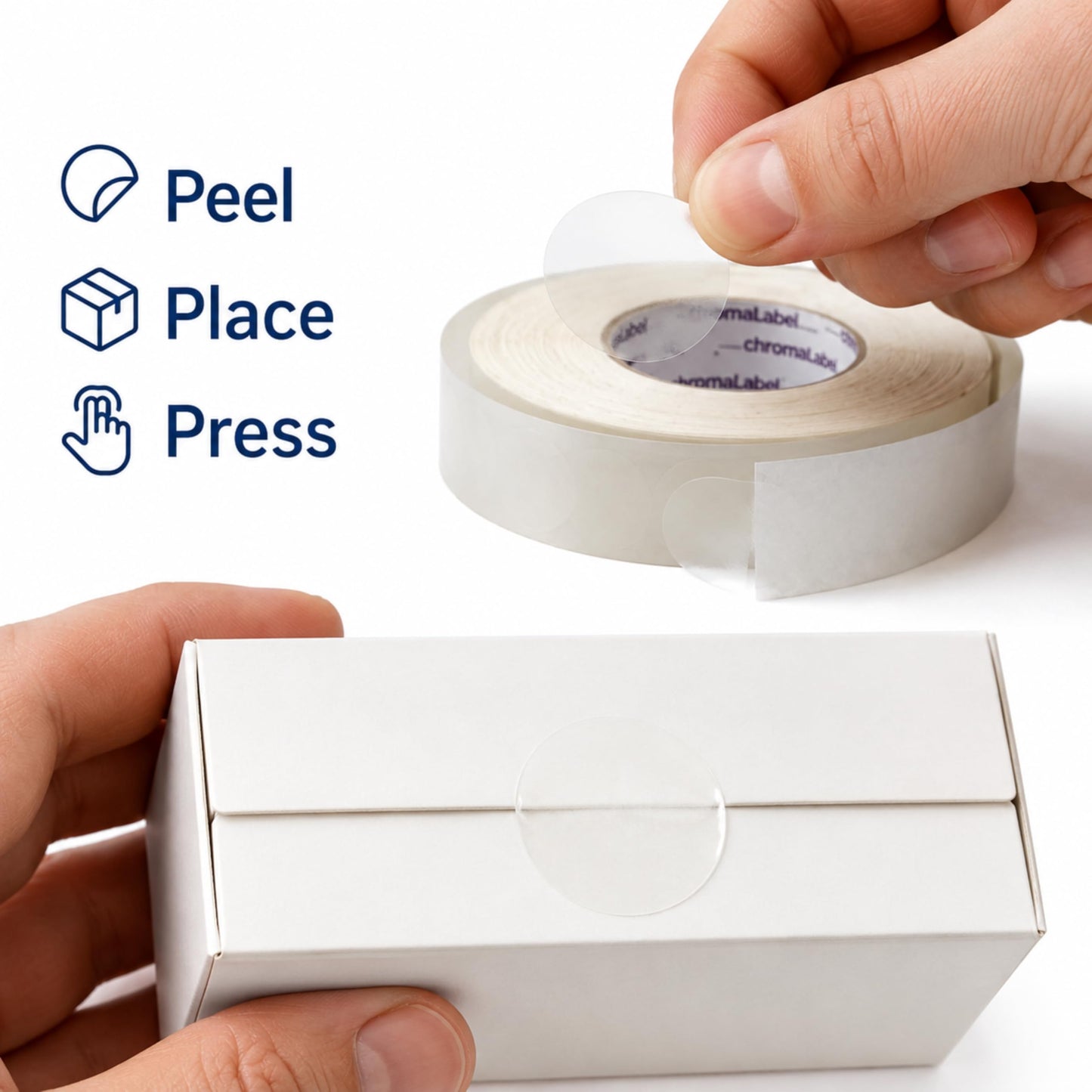 ChromaLabel 1.5 Inch Ultra Clear Wafer Seals, Transparent Circle Stickers for Packaging, Mailing, Envelopes, Gift Bags, Retail Bags, Product Boxes, 5,000/Roll, 3 Inch Core