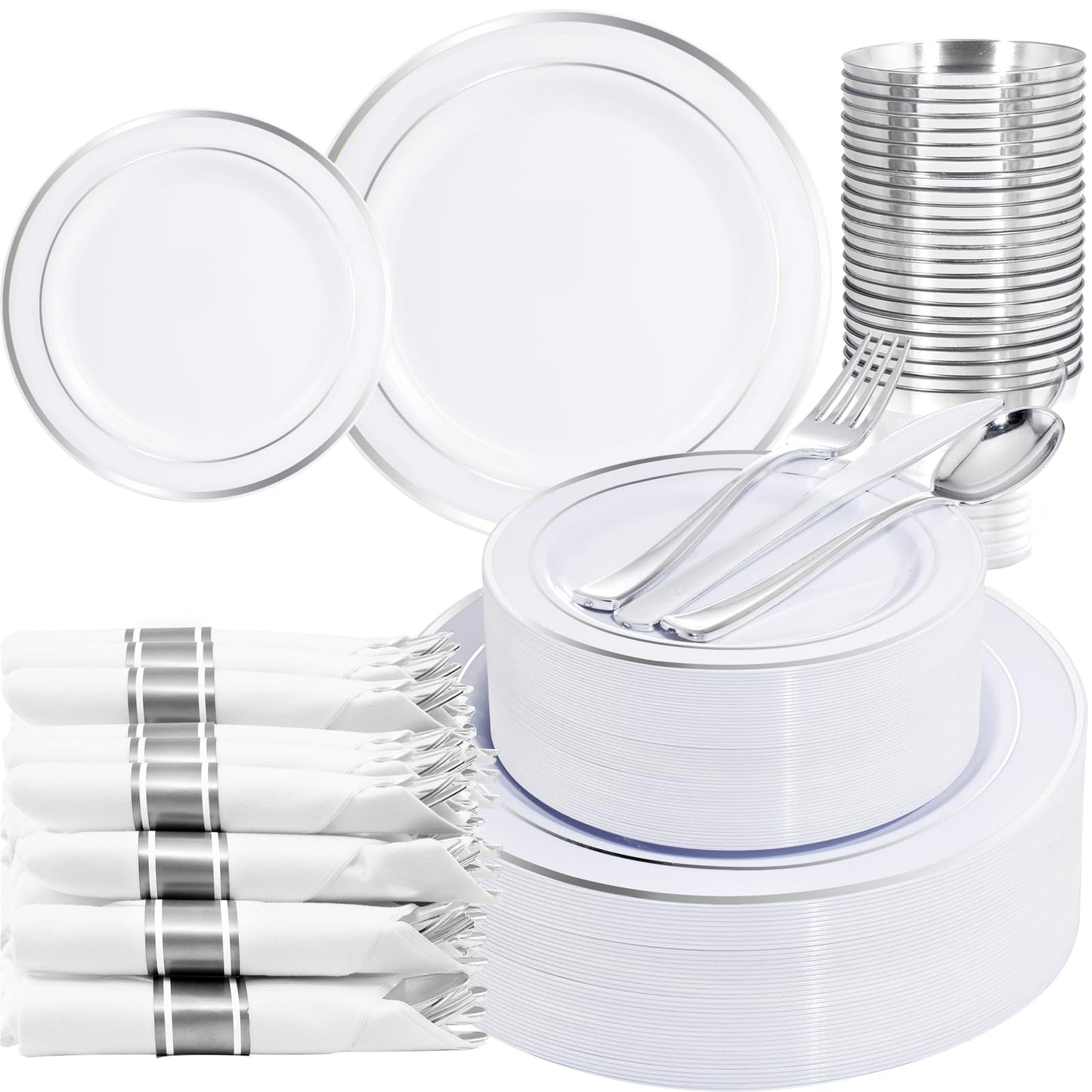 WELLIFE 210 Piece Silver Plastic Dinnerware Set for 30 Guests, Include: 30 Dinner Plates, 30 Dessert Plates, 30 Pre Rolled Napkins with Silverware and 30 Silver Cups