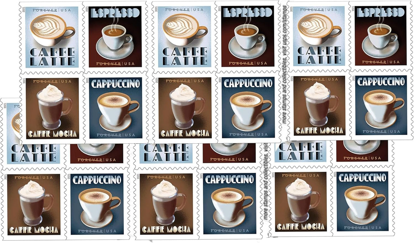 USPS Espresso Drinks First Class Forever Postage Stamps 2 Books of 20 Coffee Caffe Latte Cappuccino Birthday Anniversary Wedding Celebrate (40 Stamps)