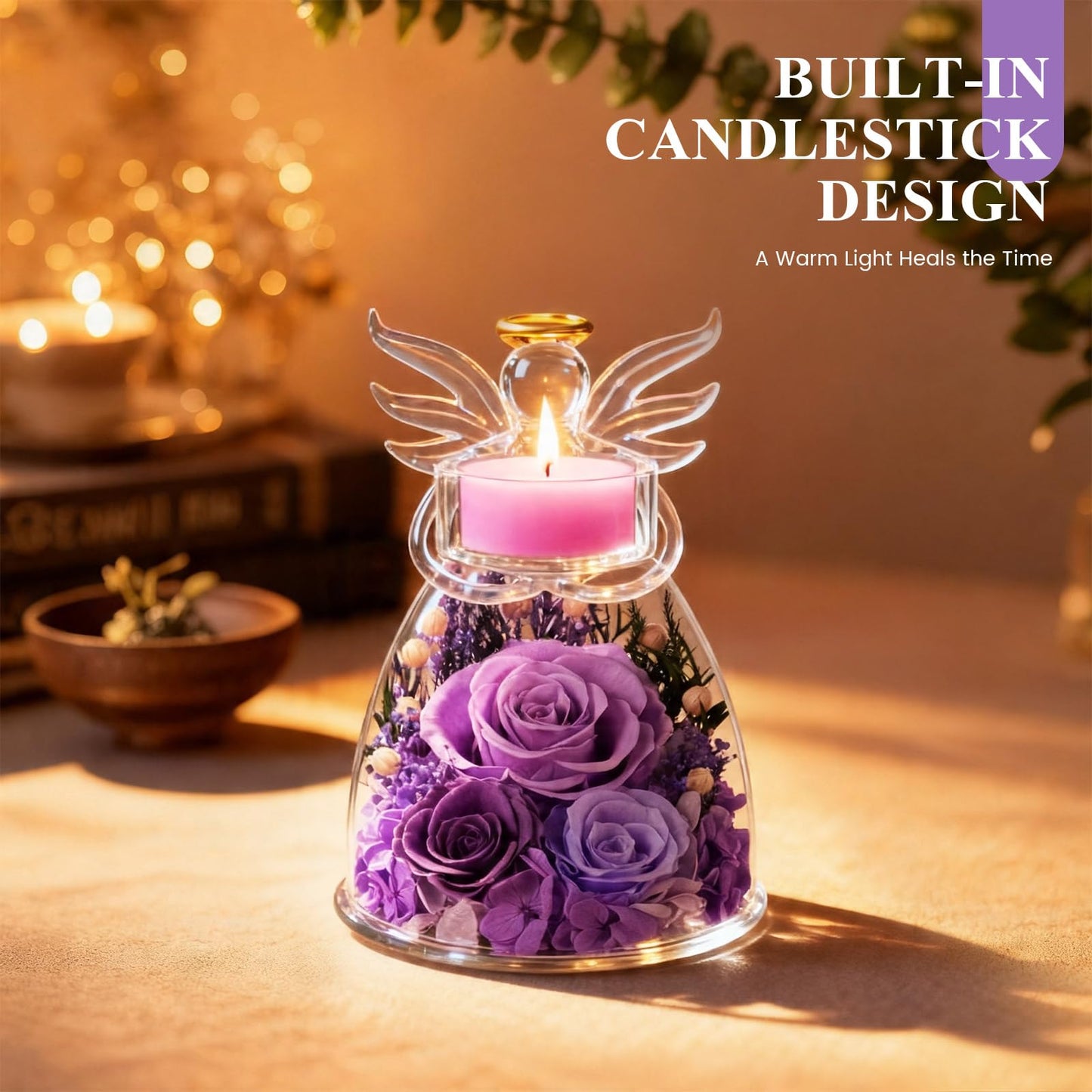 Agrul Mothers Day Roses Gifts for Mom Women,Preserved Real Flowers Roses in Glass Angel Figurines Candle Holder with Tealight Candle Holder/Purple