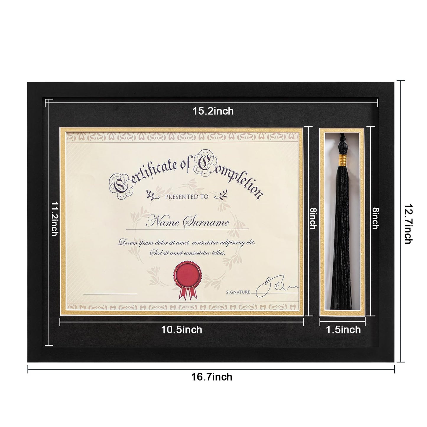eletecpro 12x16 Diploma Frame with Tassel Holder for 8.5x11 Document or Certificate, Degree Frame for Graduations with 2 Mats Black & Gold, Real Glass