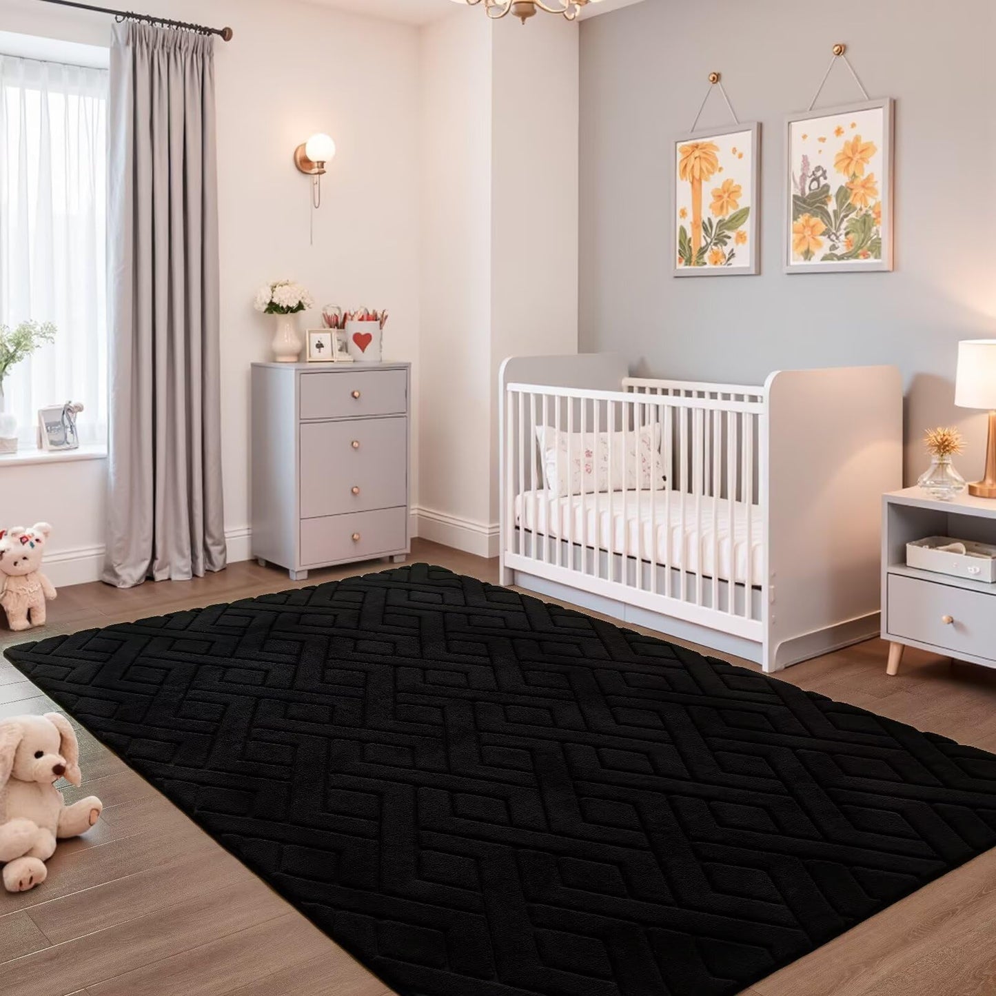 Flagover 5x7 Black Washable Area Rug for Bedroom Living Room, Modern Geometric Shag Non-Slip Rugs, Fluffy Plush Soft Memory Foam Carpet for Kids Boys Room Nursery