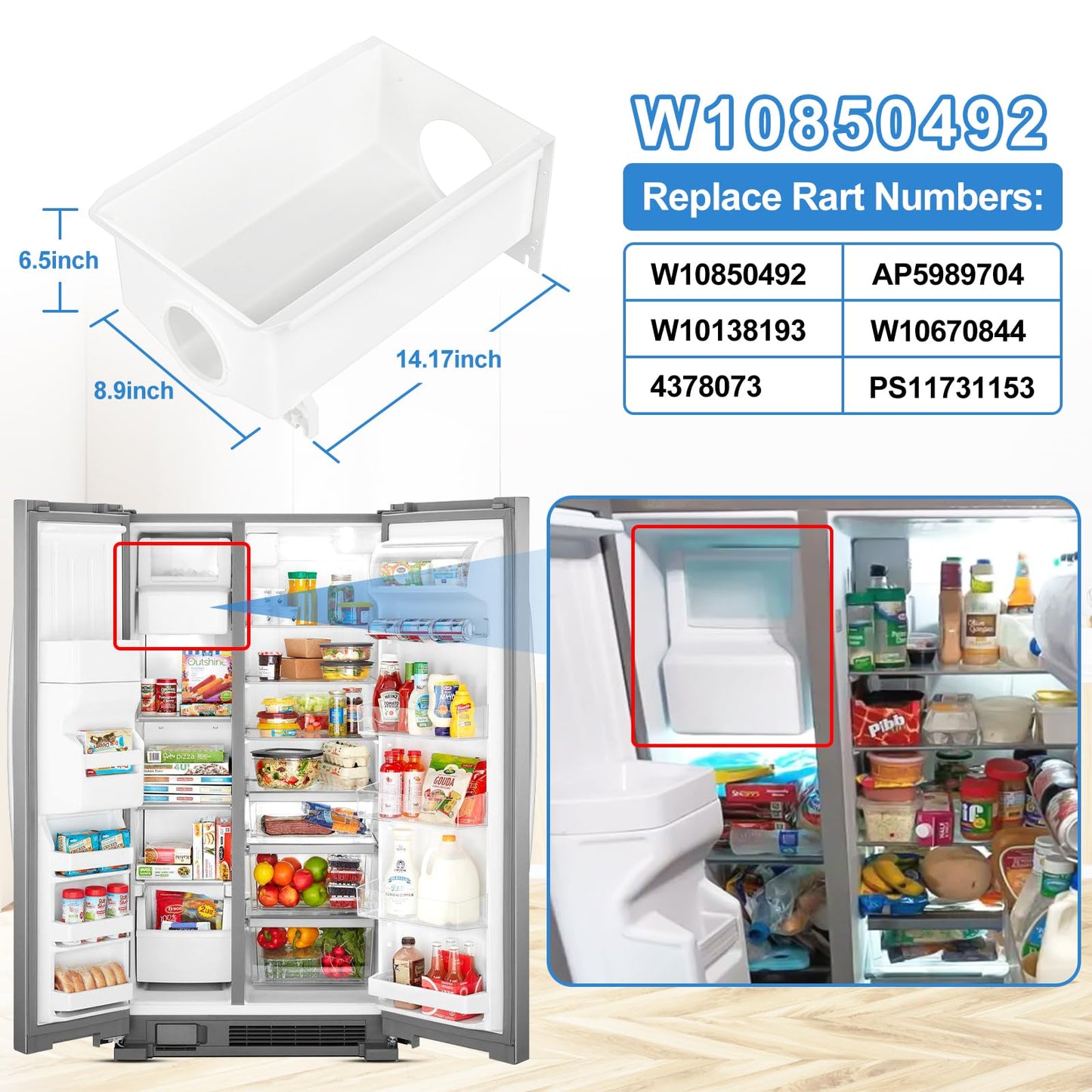 Upgraded W10850492 Refrigerator Ice Bucket Compatible with Whirlpool Kenmore Maytag Amana Ice Maker Replacement Parts W10670844 Ice Container Bin WRS321SDHB00 WRS322FDAM04 WRS321SDHZ05 WRS321SDHZ08