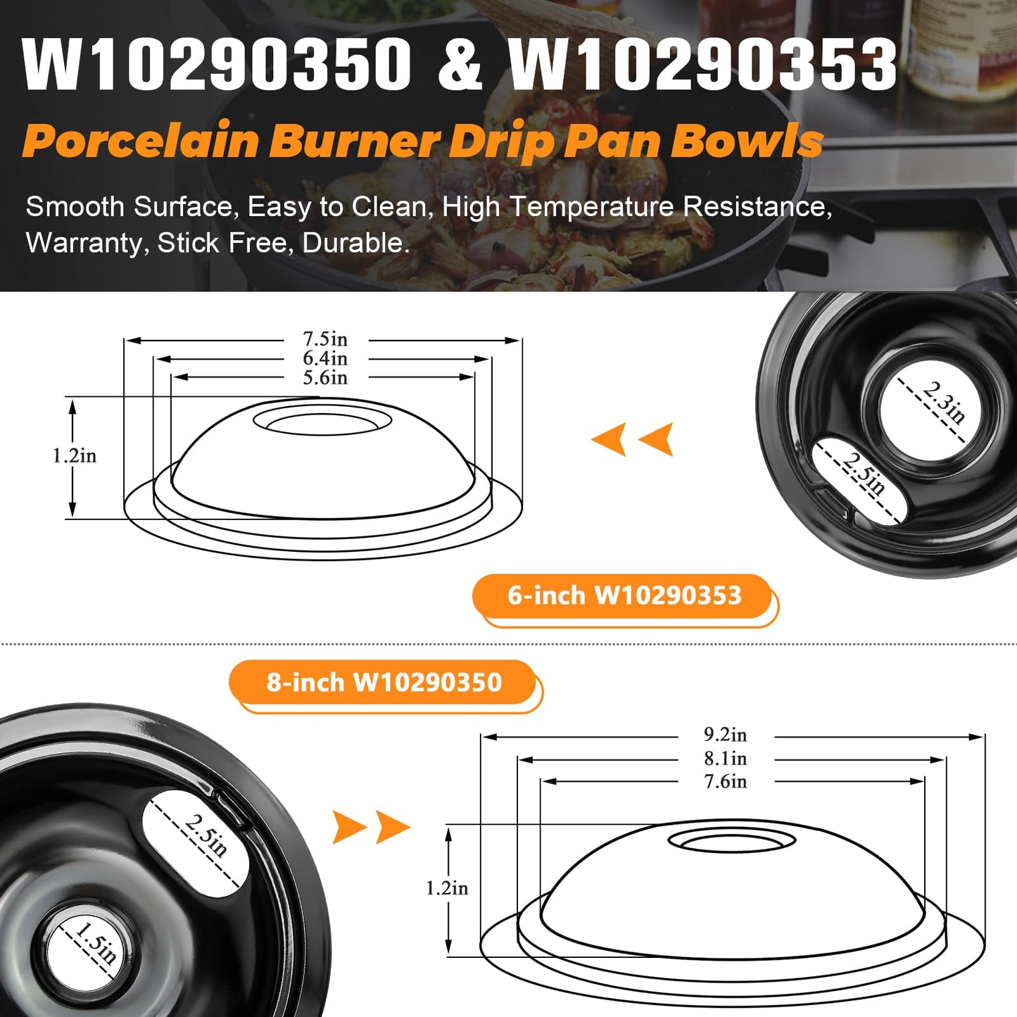 W10290350 W10290353 Porcelain Electric Stove Burner Drip Pans and MP22YA Electric Range Burner Element MP15YA(6") MP21YA(8") by Blutoget- Fit for Whirlpool May-tag Amana Electric Range Stove
