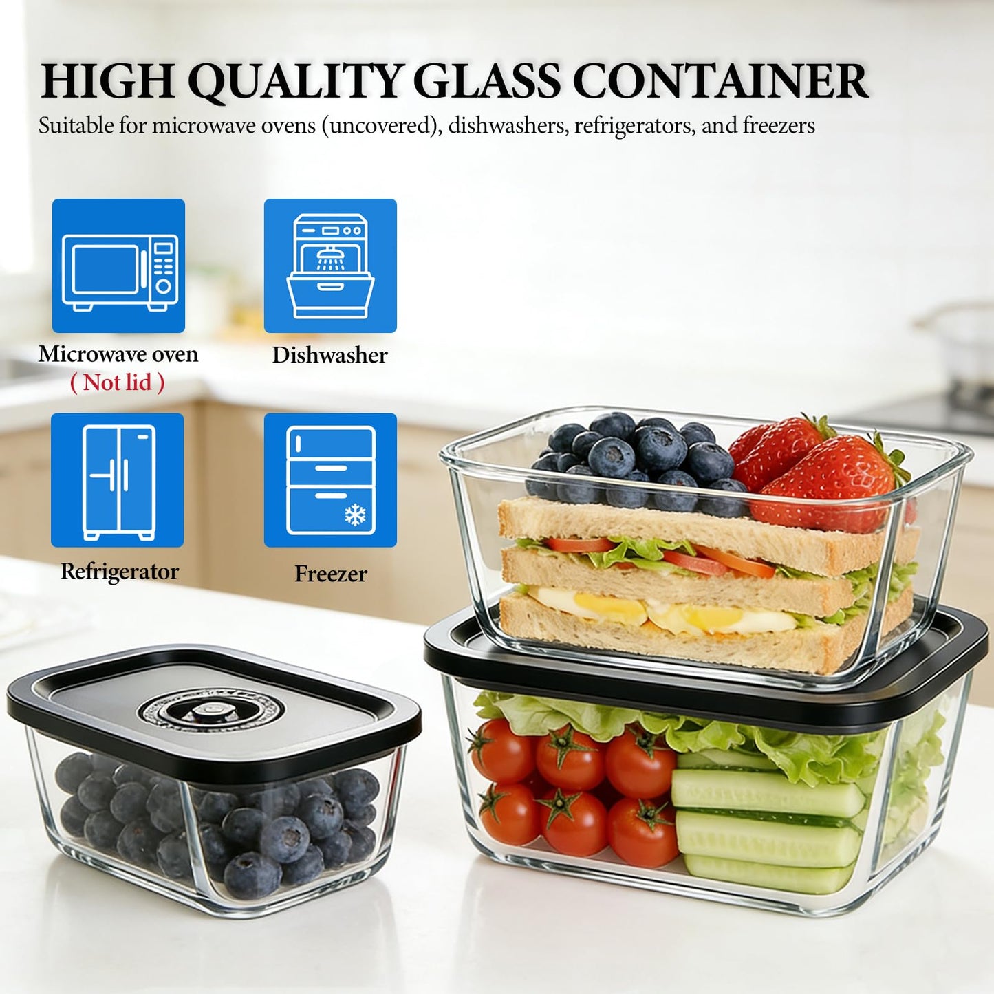 Seadasyoon Glass Vacuum Containers for Food Fresh & Save Storage, Made For Compact Vacuum Sealer, 3pcs Mixed Set Small, Medium, Large With Handheld Vacuum Sealer Machine
