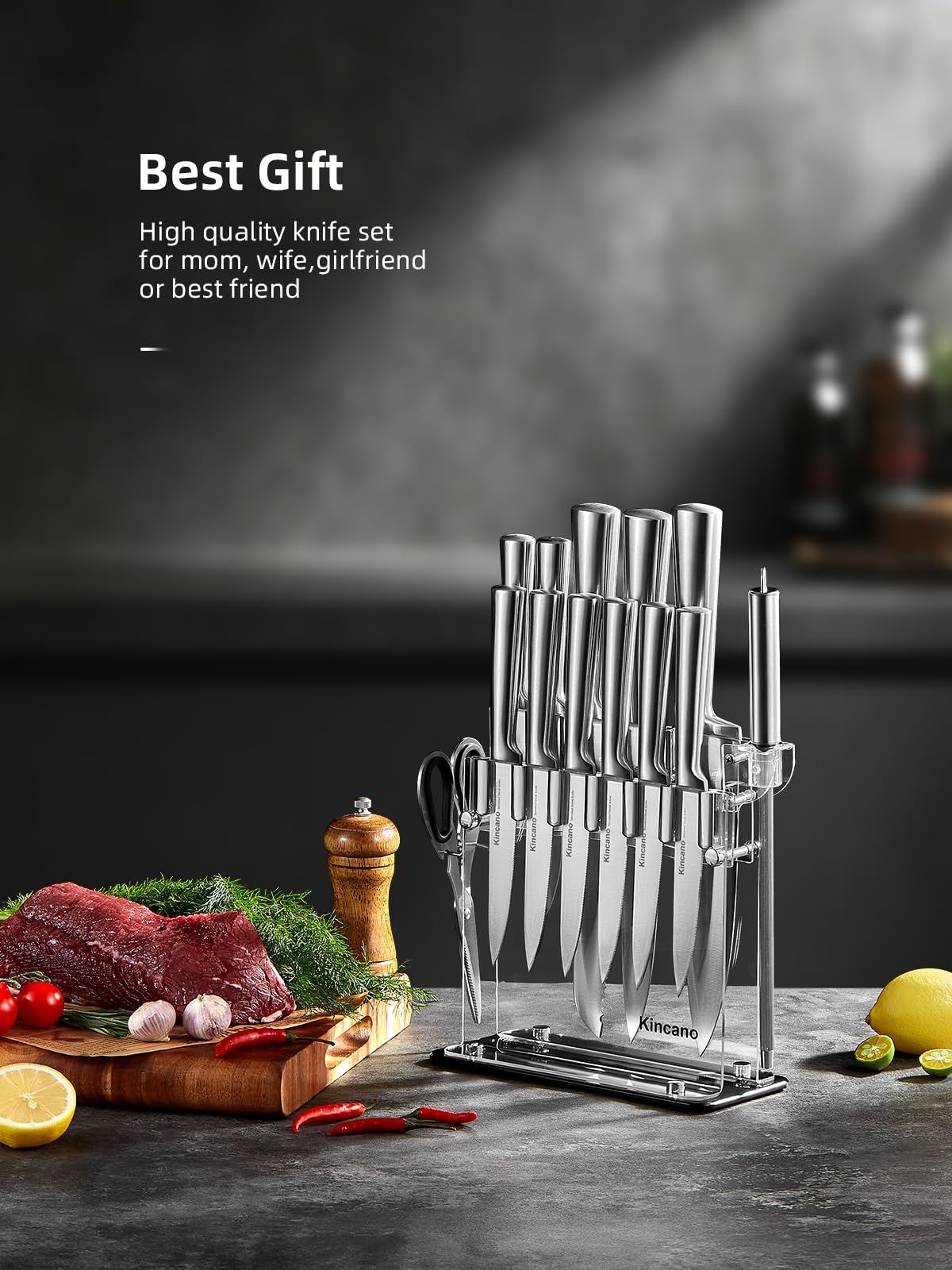 Knife Set, 14 PCS High Carbon Stainless Steel Super Sharp Kitchen Knife Set for Chef with Acrylic Stand, include Steak Knives, Sharpener and Scissors, Ergonomical Design by kincano