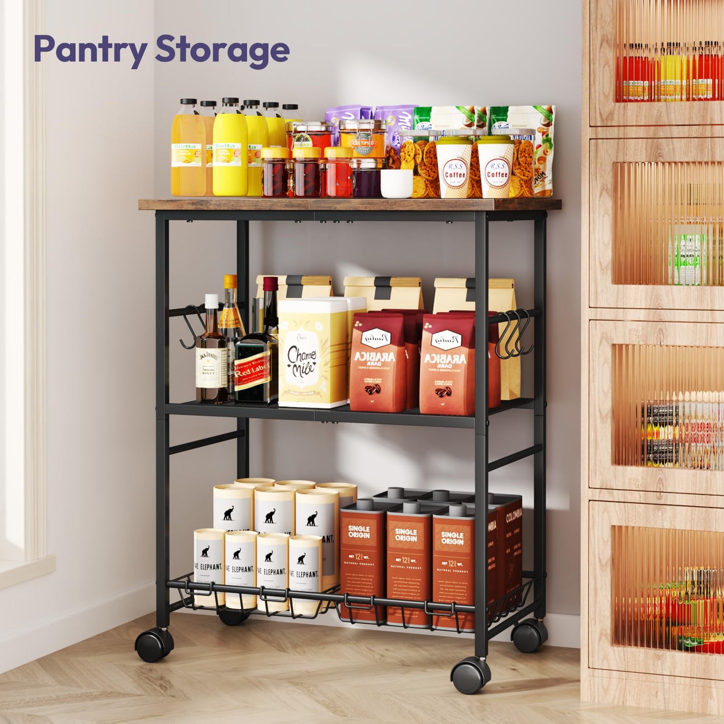 SWTYMIKI Rolling Kitchen Microwave Cart - 3 Tier Microwave Table Stand with Storage Basket and Hooks, Kitchen Utility Cart on Wheels, Coffee Cart Shelf Rack Organizer for Living Room Office, Balcony