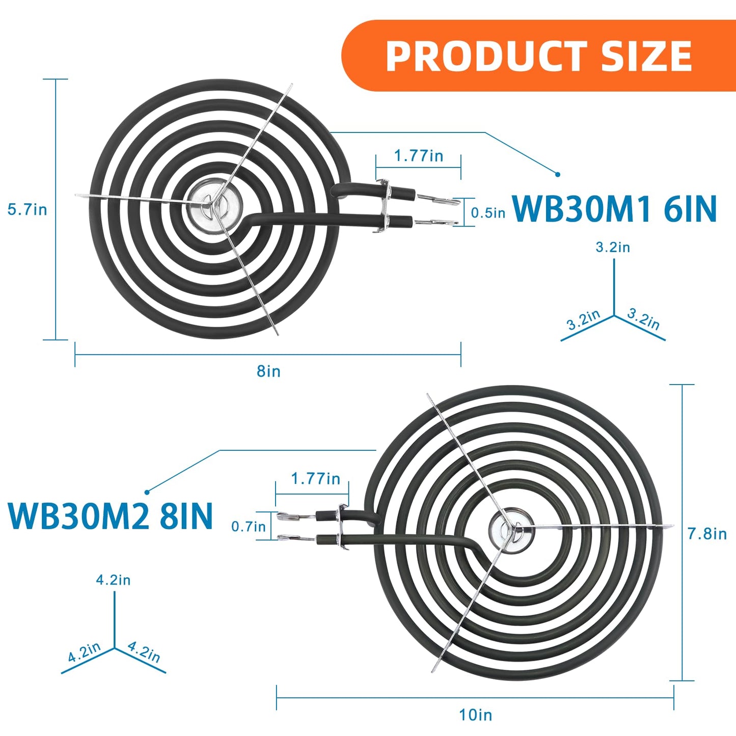WB30M1 WB30M2 Electric Stove Burner Replacement 4Packs,Includes 2 WB30M1 (6") and 2 WB30M2 (8")-By MIFLUS,Compatible for G-E Hot-point Ken-more Range Stove Electric Burner