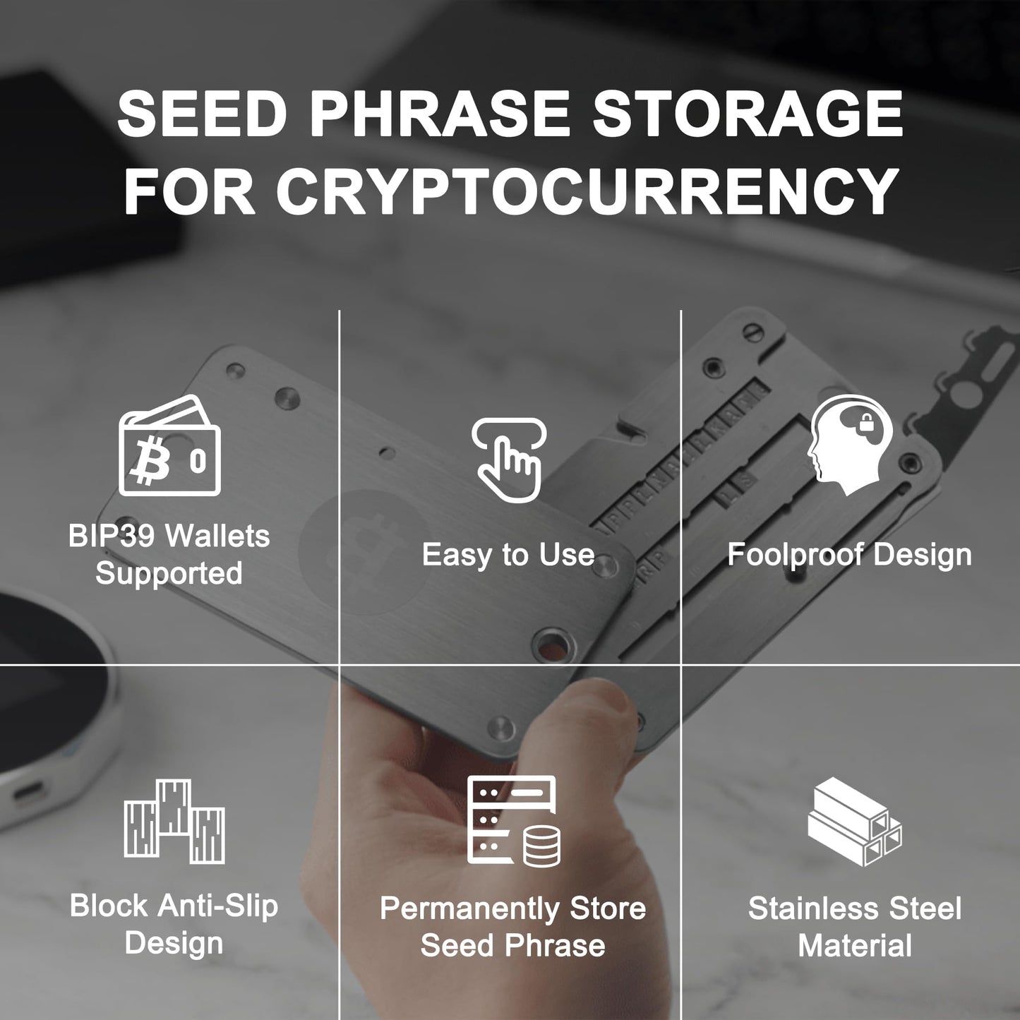 SAMYERLEN Crypto Seed Phrase Storage, 304 Stainless Steel Secure Bitcoin Wallet, Private Key Recovery Cold Storage Backup 3 Plates 24 Words Compatible with BIP39 Hardware Wallets, Ledger, Trezor