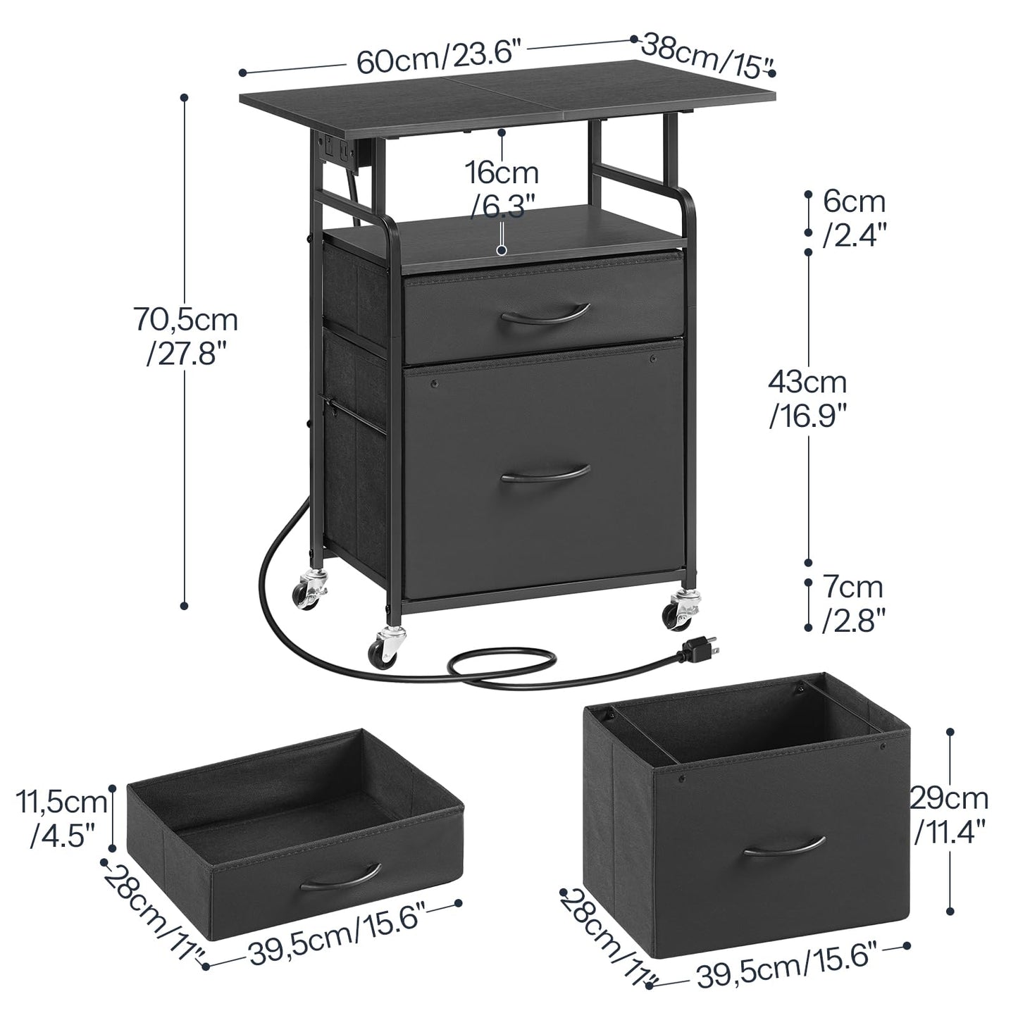 HOOBRO Printer Stand, Printer Table with Drawers, Mobile Filing Cabinet with Charging Station, Printer Cart for Home Office, Living Room, Black BB15UPS01