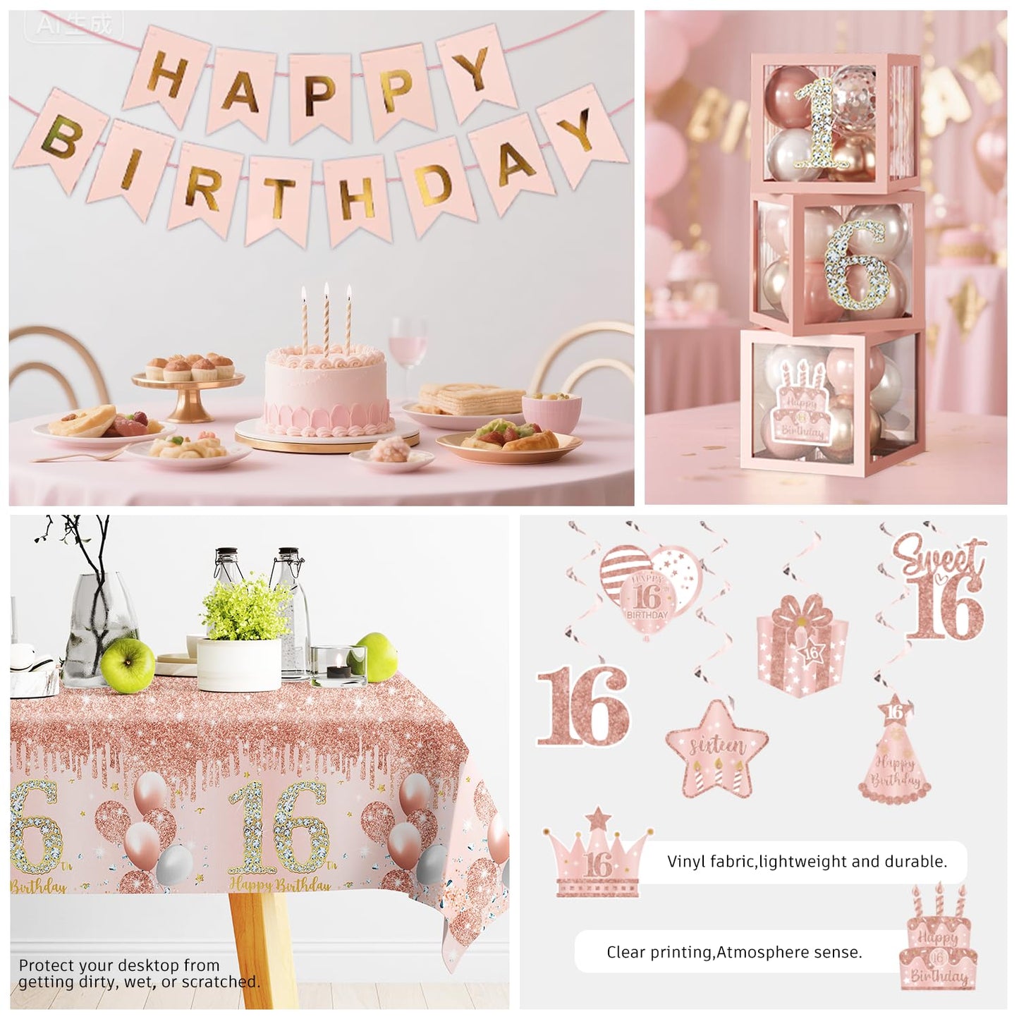 Cocomigo 241pcs Sweet 16 Party Decorations, Complete 16th Birthday Decorations for Girls Sweet 16 Sash Pink Rain Curtains Suitable for Photos at 16th Party, Sturdy 300gsm Paper Plates Serves 25