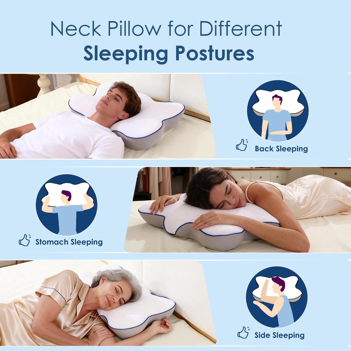 Patented Cervical Neck Pillow for Pain Relief, 5X Support Ergonomic Contour Neck Pillow with 3D Ice-Silk Mesh Cover and Oeko-TEX Memory Foam, Orthopedic Pillow for Back Stomach Sleepers (White)