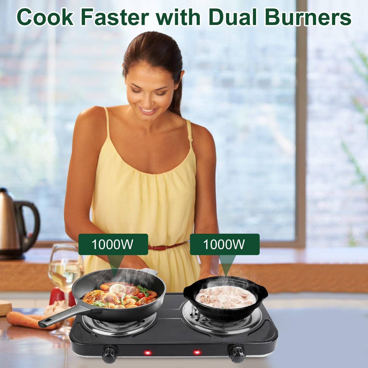 Double Burner Cooktop, 2000W Portable Electric Stove, 5 Level Temperature Control, 6” Heating Coil, Easy to Clean, Power Indicator Lights, Coil Hot Plate for Home Dorm Camping Cooking