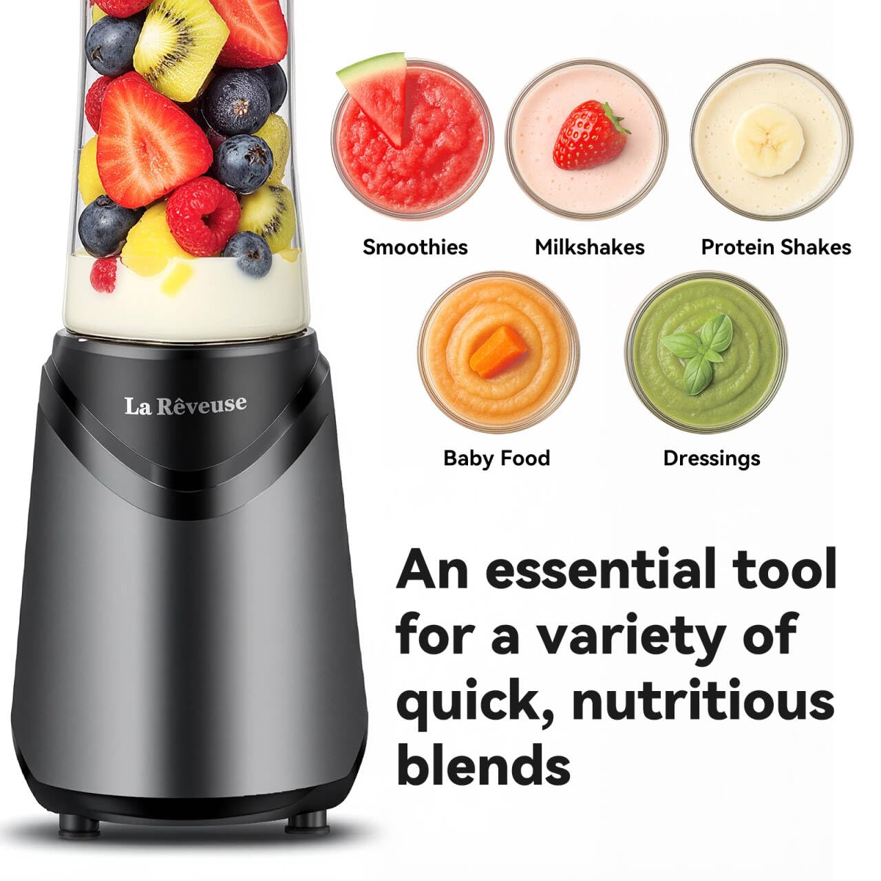 La Reveuse Smoothie Blender Personal Size 300 Watts with 2 Pieces 18 oz BPA-Free Travel Sports Bottles,Grey