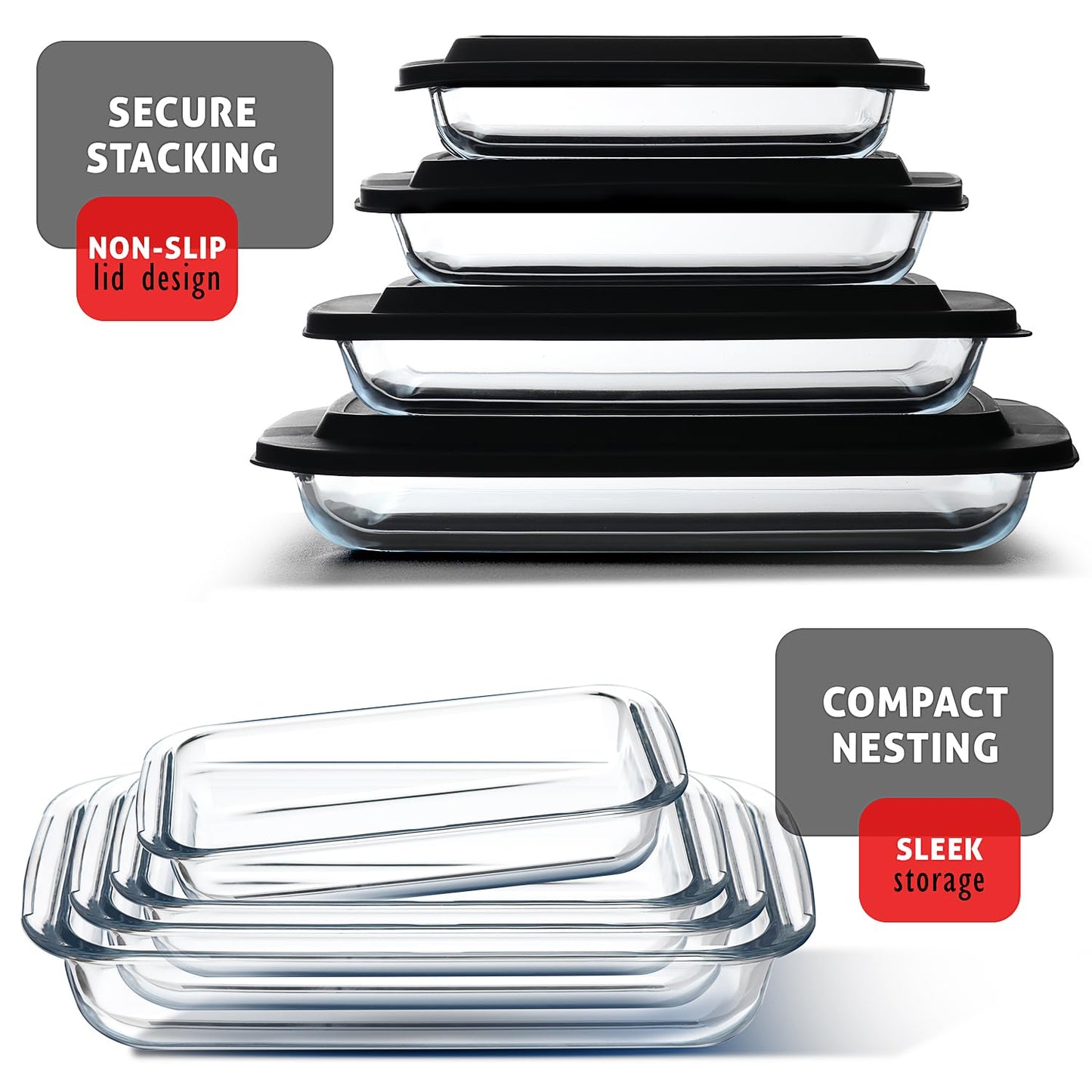 EATEX 8-Piece Deep Glass Casserole Dishes for Oven with Plastic Lids, Glass Baking Dishes for Oven, Rectangular Bakeware for Lasagna, Cooking, Leftovers, Kitchen, Freezer to Oven Dishwasher Safe