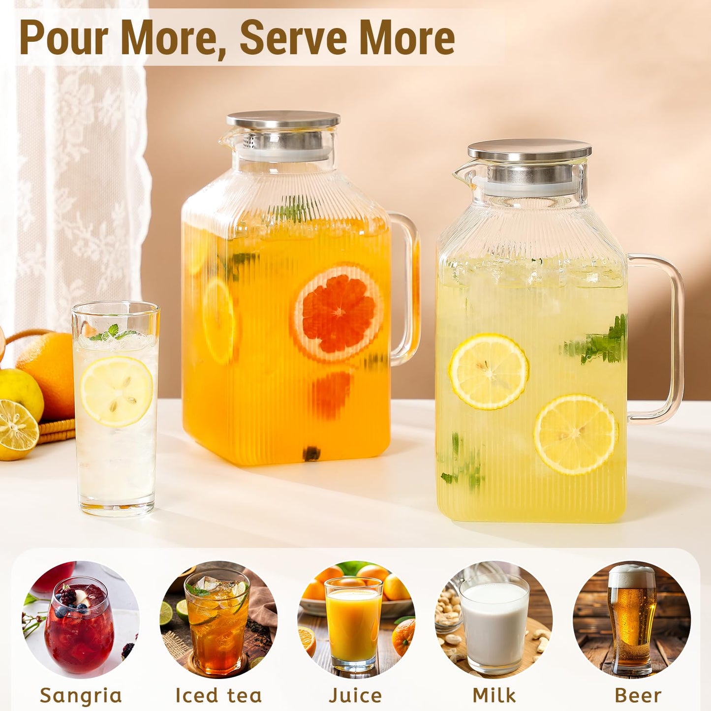 2 Pack 1 Gallon thickened Square Glass Pitcher with Lid, Classic Stripes Water Pitchers for Fridge, Borosilicate Glass Carafe for Hot/Cold Brew Drink, Extra Large Jug with Handle for Iced Tea, Coffee