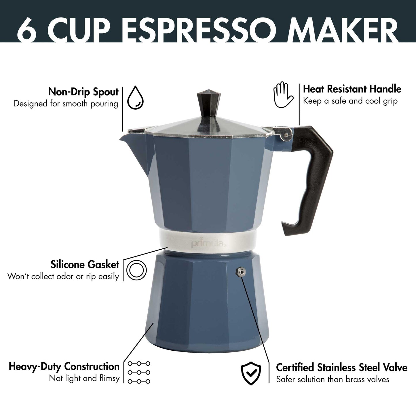 Primula Classic Moka Pot Stovetop Espresso and Coffee Maker, Italian and Cuban Cafetera for Rich Espresso Brewing, Durable Aluminum Greca Coffee Maker with Easy Grip Handle, 6-Cup, Blue