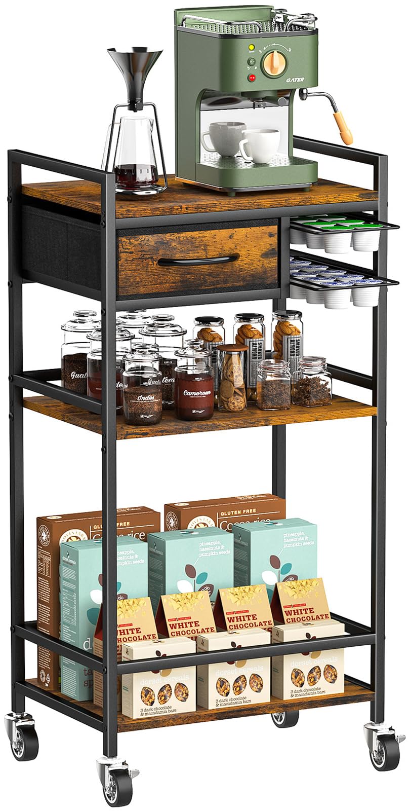 Housolution 4-Tier Coffee Bar Cart with Storage, 33" H Coffee Station Cabinet with Pod Drawers for Nespresso Vertuo, Mini Toaster Oven Stand Table for Home, Kitchen, Living Room (Rustic Brown)