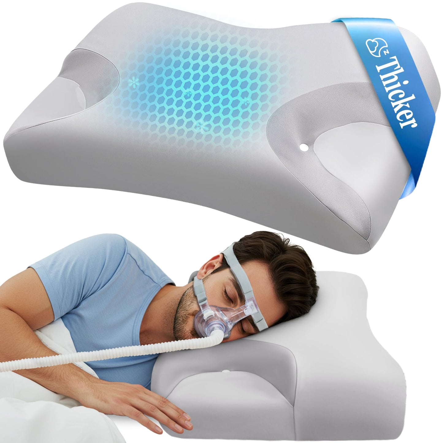 CPAP Cervical Pillow for Side Sleepers – Reduce Mask Air Leaks & Pressure, Ergonomic Neck Support for Pain Relief, Dual-Height Memory Foam Pillow with Cooling Cover for Side, Back & Stomach Sleepers