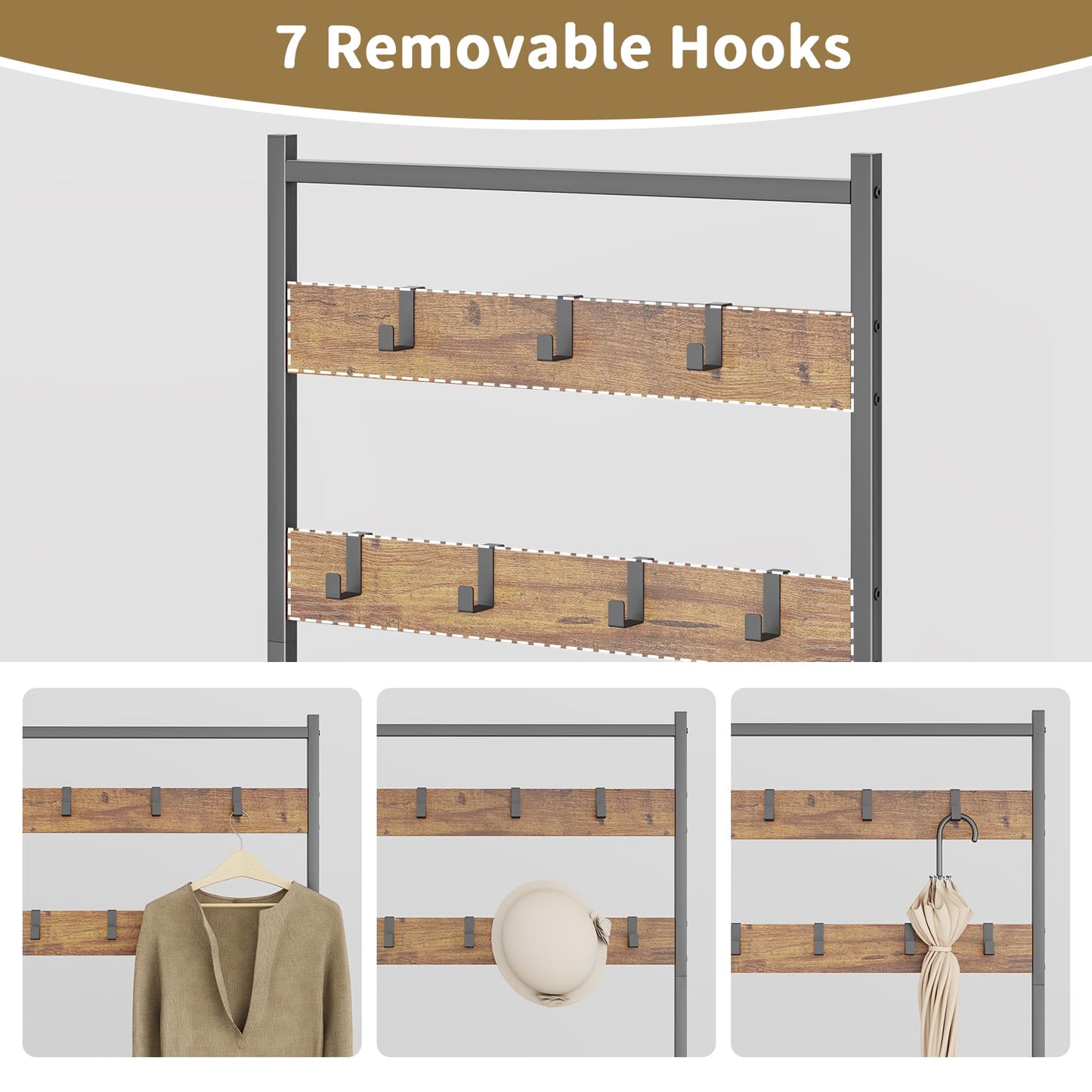 Leadpro Coat Rack Hall Tree with Shoe Storage, Entryway Hall Tree Storage Bench, Wood Look Accent Furniture with Metal Frame, 3-in-1 Design, Rustic Brown