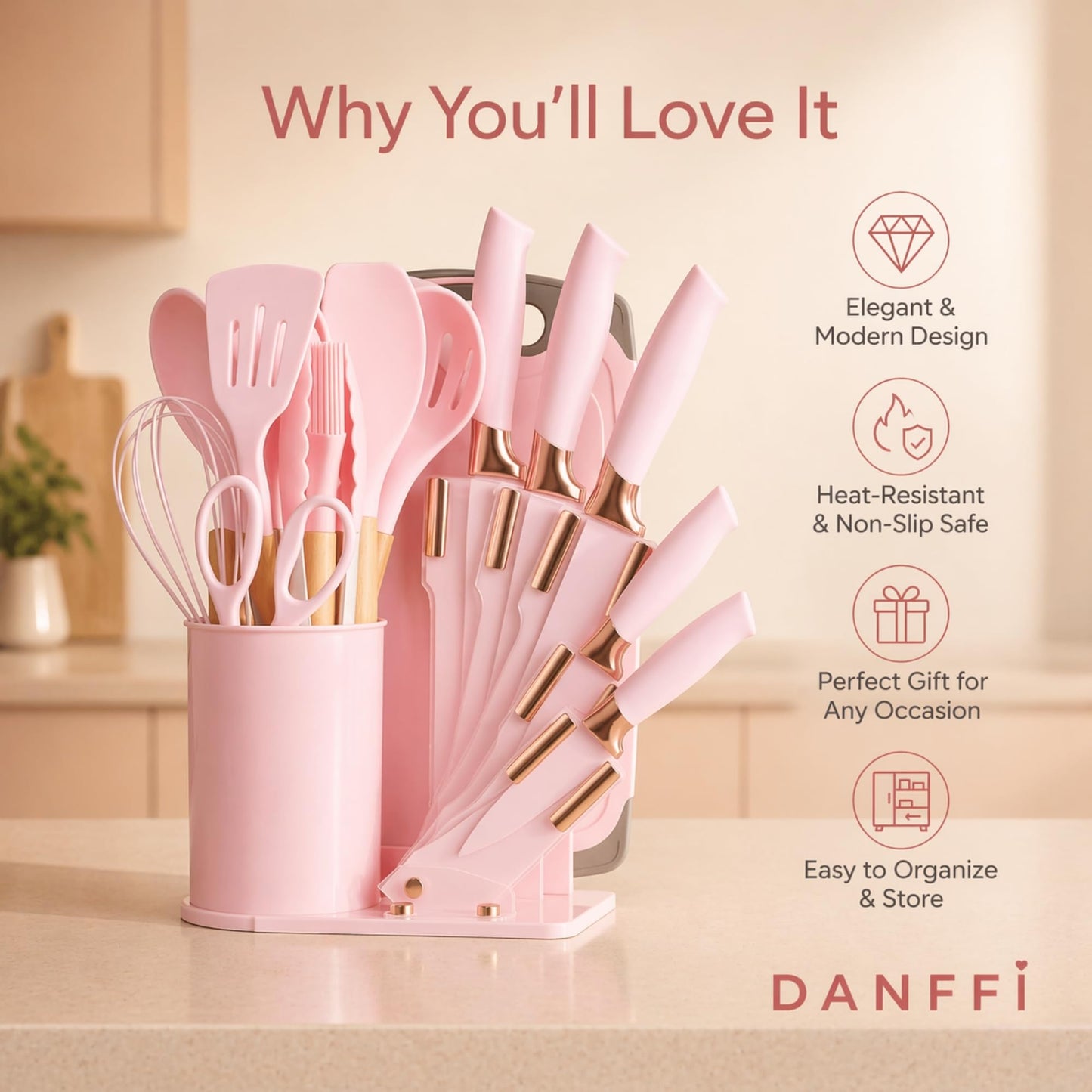 19-Piece Pink Kitchen Utensils Set with Knife Set & Cutting Board - Silicone Cooking Utensils with Wooden Handles, Rose Gold Accents, Scissors, Whisk & Tongs - BPA-Free Pink Kitchen Gift Set