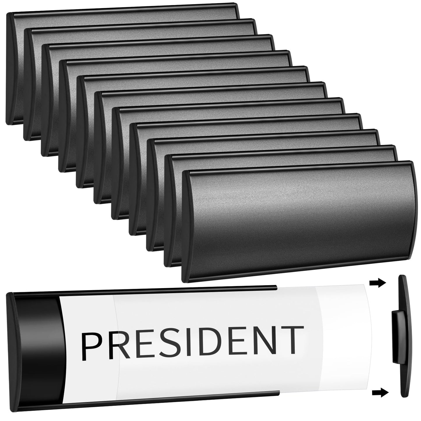 Therwen 12 Pcs Aluminum Office Name Plate Holder for Door Wall Mount 8'' x 3'' Business Sign Holder Office Door Sign Sturdy Curved with Plastic Film and Adhesive Tape (Black)