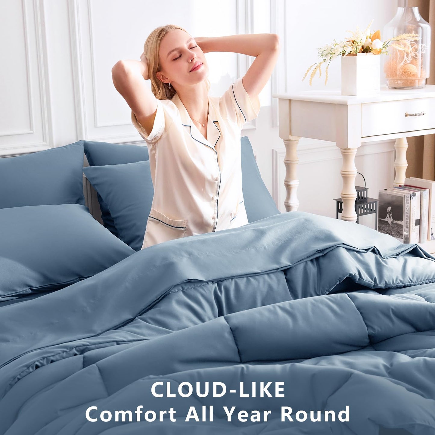 CozyLux Twin Comforter Set with Sheets Dusty Blue, 5 Pieces Bed in a Bag, Grayish Blue Comforter Twin Size, All Season Bedding Set with Stitch Quilted Comforter, Flat Sheet, Fitted Sheet, Pillowcases