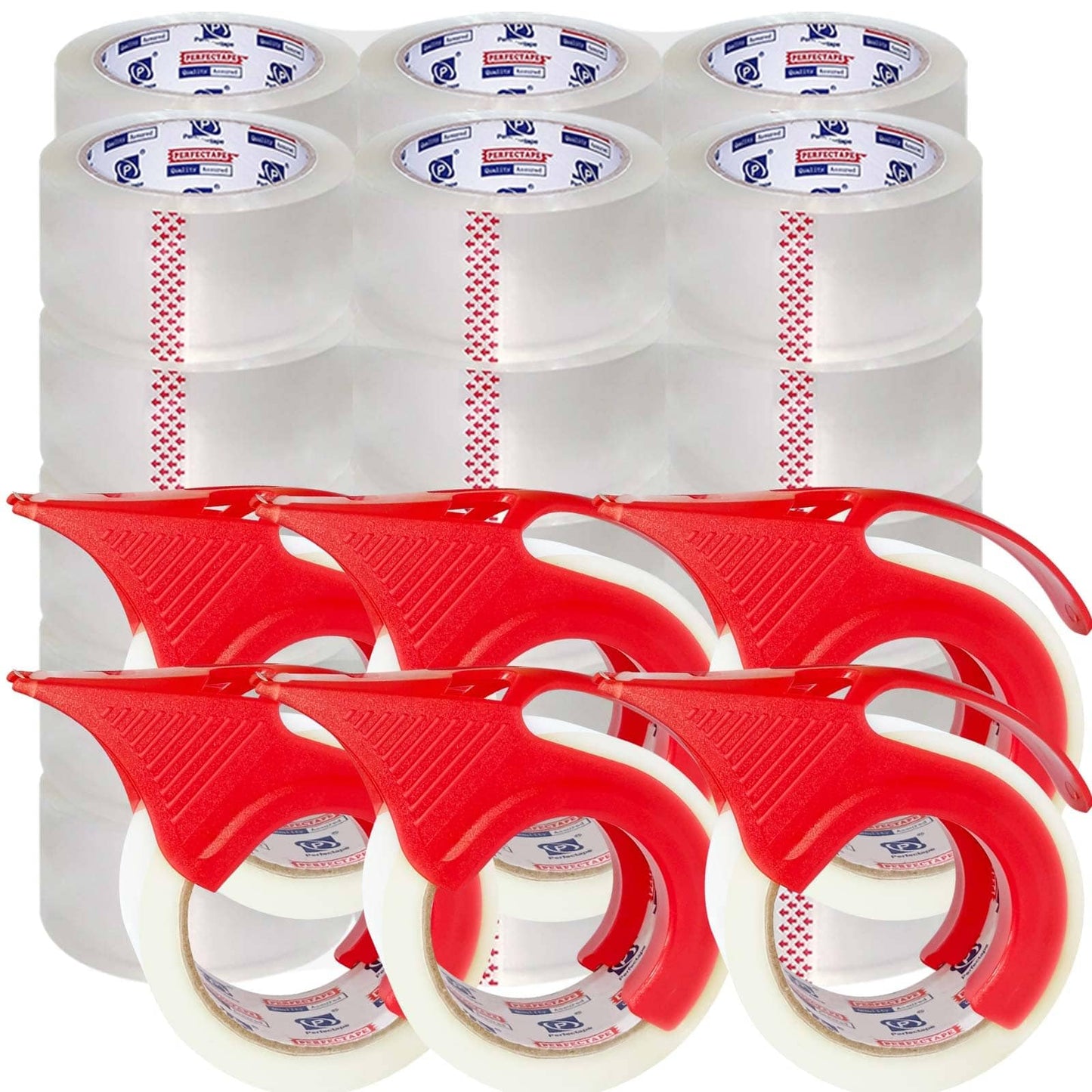 P PERFECTAPE Heavy Duty Packing Tape 36 Rolls with 6 Dispensers, Total 1980Y, Clear, 2.7 mil, 1.88 inch x 55 Yards, Ultra Strong, Refill for Packaging and Shipping