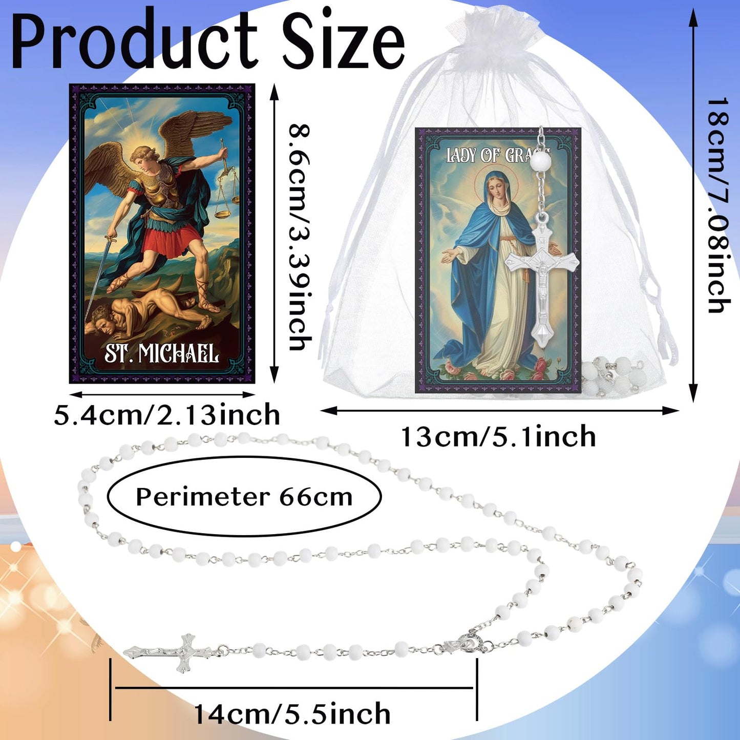 Sayglossy 10/20/30 Set Catholic Religious Gifts Set Rosary Christian Cross Necklace with Saint Prayer Cards & Organza Bags - Bulk First Communion, Baptism, Confirmation, Lent Favors(Bead,Ivory,30)