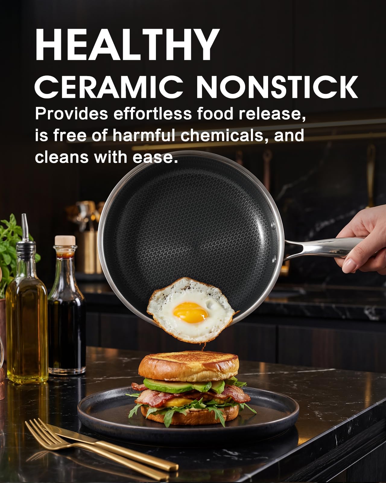 Non Stick 8 Inch Frying Pan with Lid, Hybrid Nonstick Stainless Steel Skillet Pan with Stay-cooling Handle, PFOA Free Non Toxic Dishwash & Oven Safe Kithchen Cookware Set Compatible All Cooktops