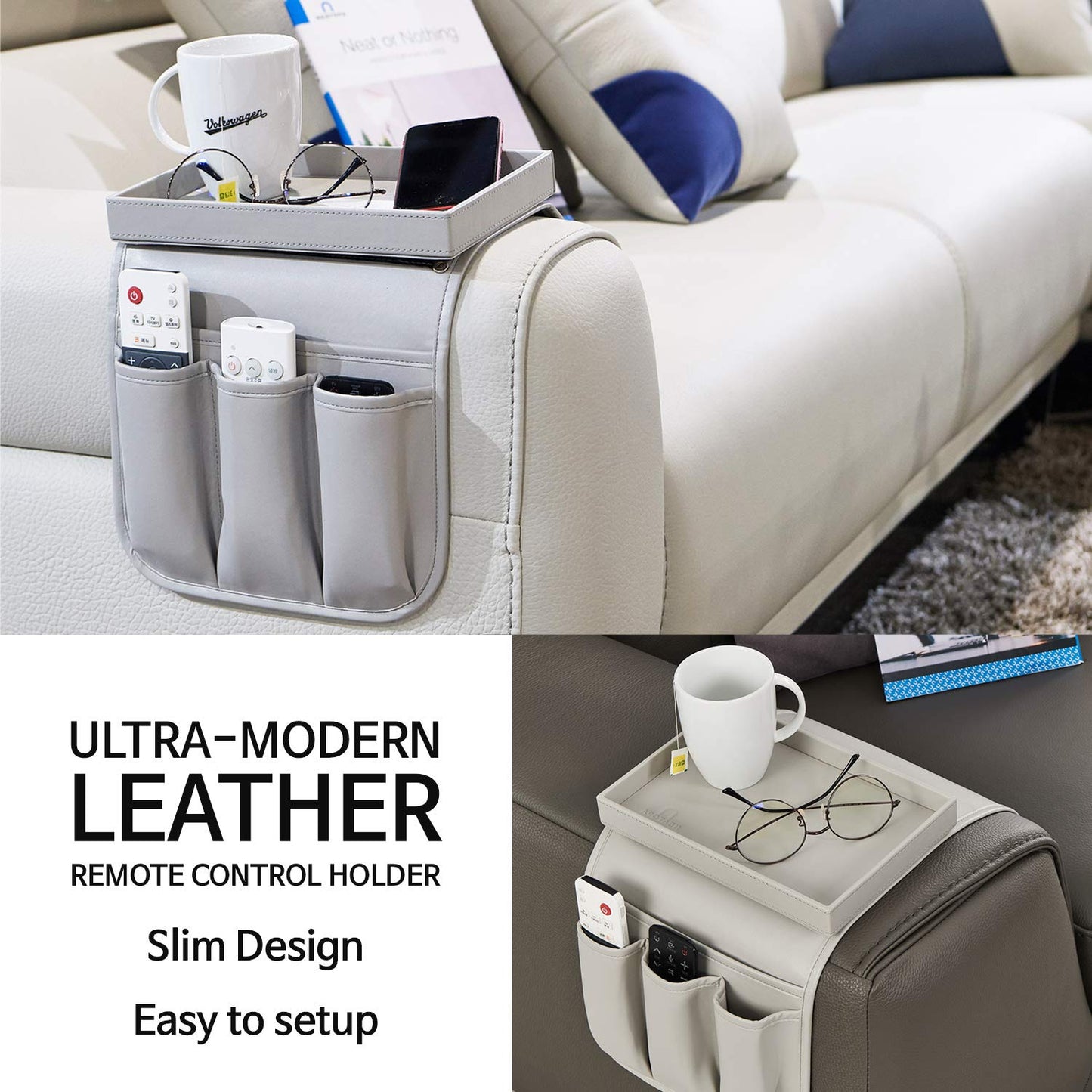 U NEATOPA Couch Remote Caddy Control Holder Sofa Synthetic PU Leather Organizer with Detachable Tray for Recliner Chair Armrests with 4 Slots - 1 Large Pockets and 3 Small Pockets (Grey)