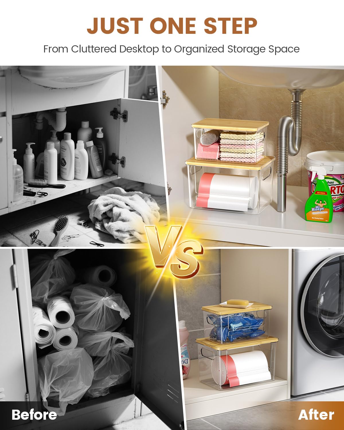 Trash Bag Dispenser 2 Pack, Stackable Trash Bag Holder with Bamboo Lid – Clear Plastic Garbage Bag Organizer for 4-33 Gal Bags, Space-Saving Under Sink Organizer for Kitchen, Laundry, Pantry