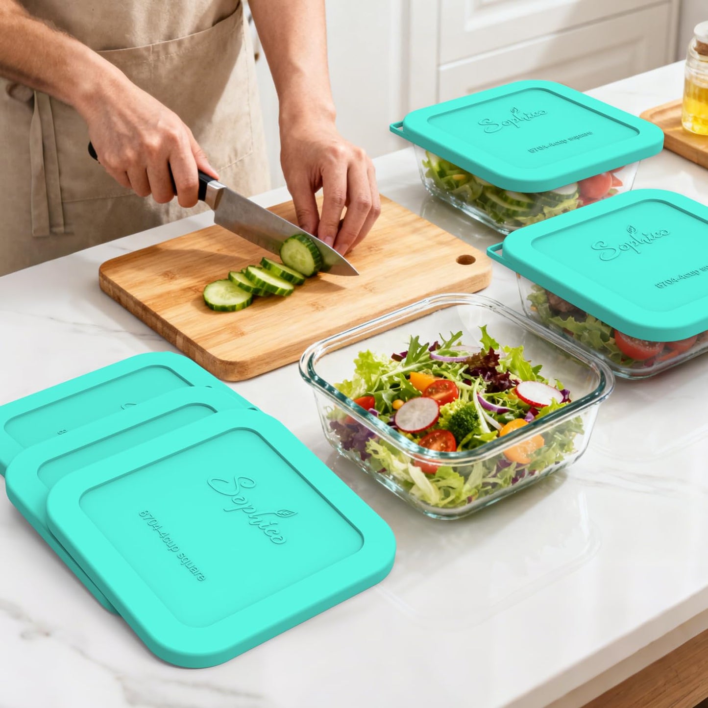 Sophico Silicone Cover Lid Replacement Only for Pyrex Freshlock and SNAPWARE 4CUP Square Glass Bowls Container Set(8704), Leakproof Lids, Dishwasher Microwave Safe 5 Pack (Container not Included)