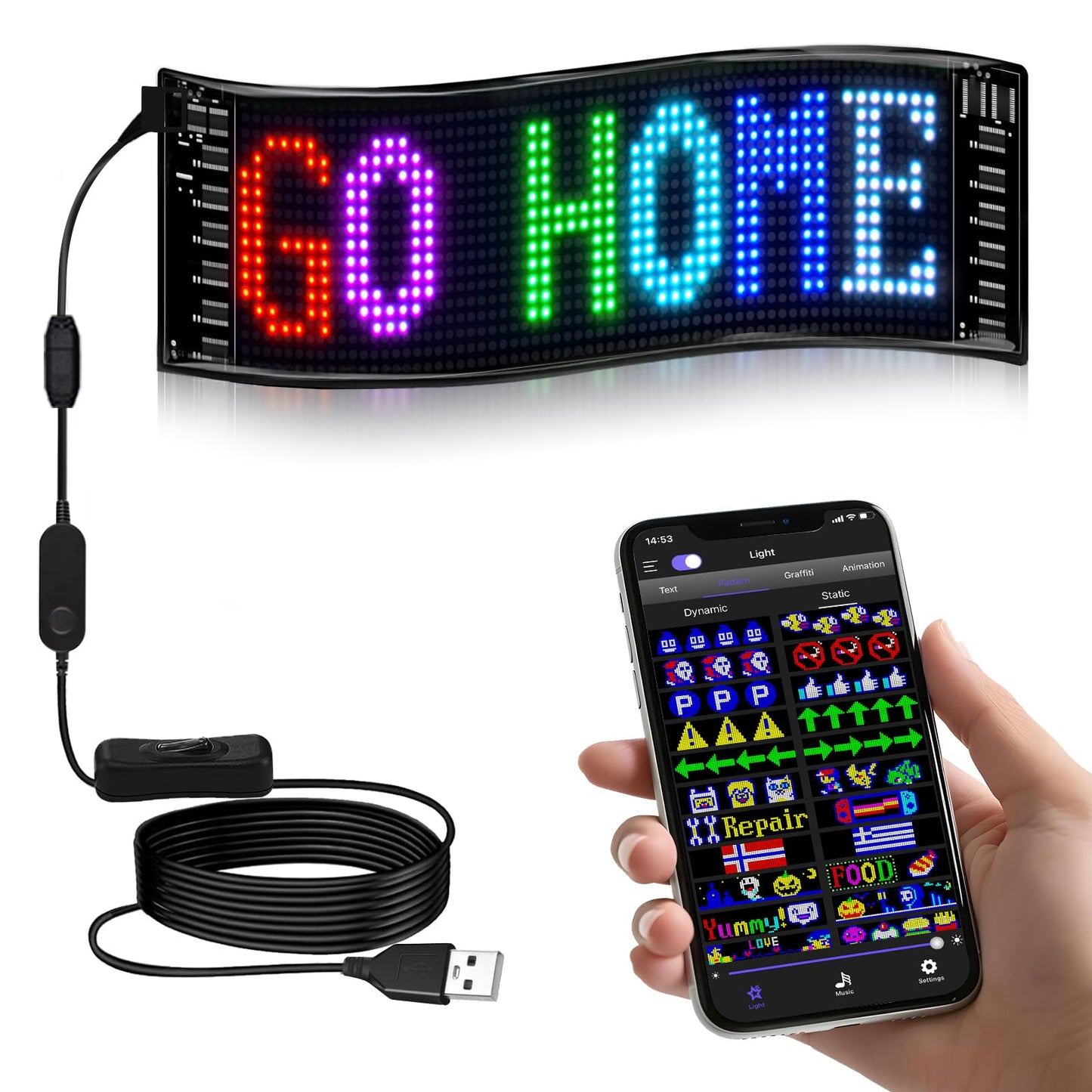Programmable Car Sign | Message Scrolling LED Display for Indoor | Flexible Advertising Sign | Bluetooth APP | Custom Editor Animations/Text/Graffiti