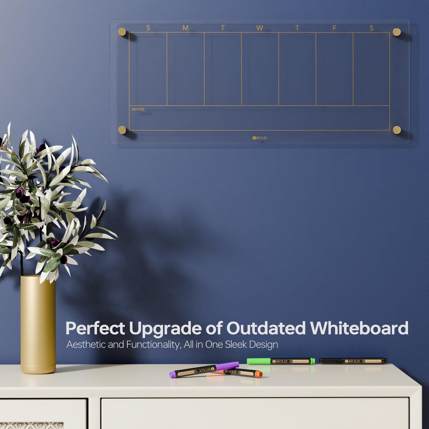 Clear Glass Weekly Dry Erase Calendar Non-Magnetic Whiteboard for Wall, 7 Day to Do List, Menu & Meal Planner White Board for Kitchen Home Office, 23x9.5, 4 Markers Included, Yeoux
