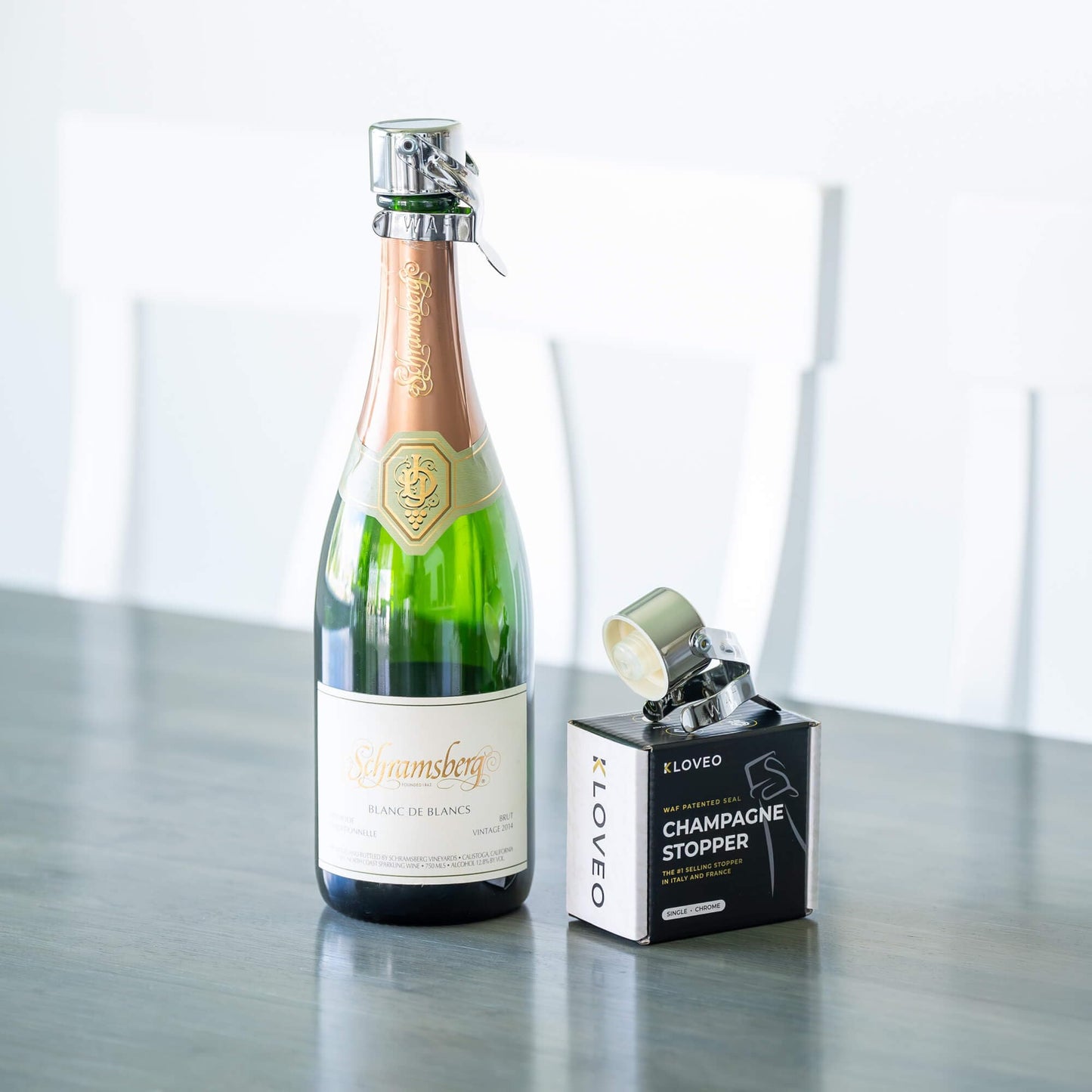 Champagne Stoppers by Kloveo - Patented Seal - Made in Italy - Professional Grade WAF Champagne Bottle Stopper - Prosecco, Cava, and Sparkling Wine Stopper - Chrome, 2-Pack