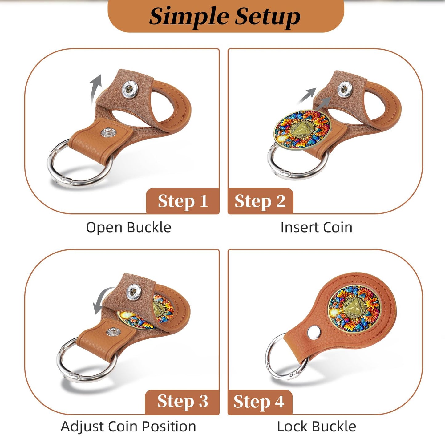 IELCJJ 5PCS Premium Leather Coin Holder - Handmade Sobriety AA Coins Chip Keychain - Displays Both Sides of Sober Token Medallion Pet Challenge Coin - Brown Waterproof Scratchproof Soft PVC Key Ring