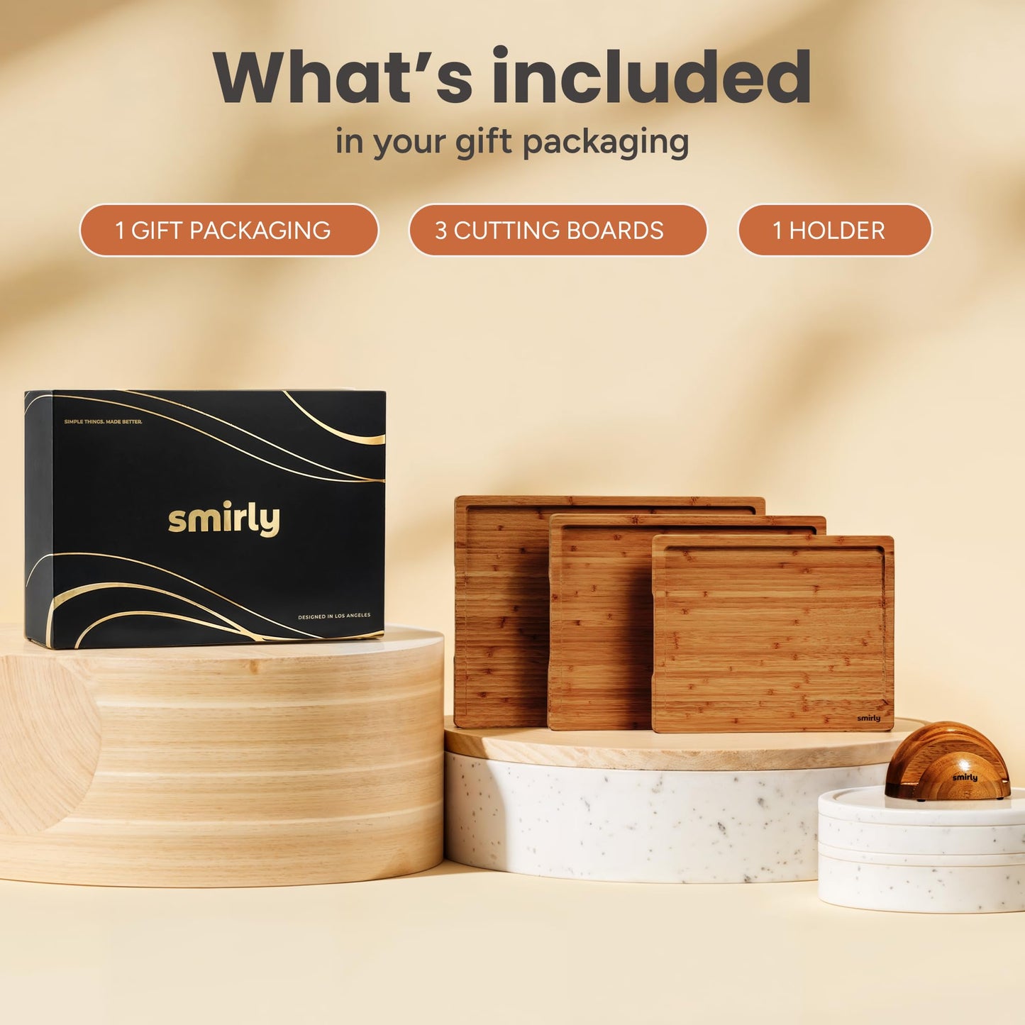 SMIRLY Bamboo Cutting board for Kitchen - Wood Cutting Boards for Meal Prep, Serving, Charcuterie - Kitchen Gadgets, House Warming Gifts - Wooden Chopping Board Set of 3 with Holder - Brown Bamboo