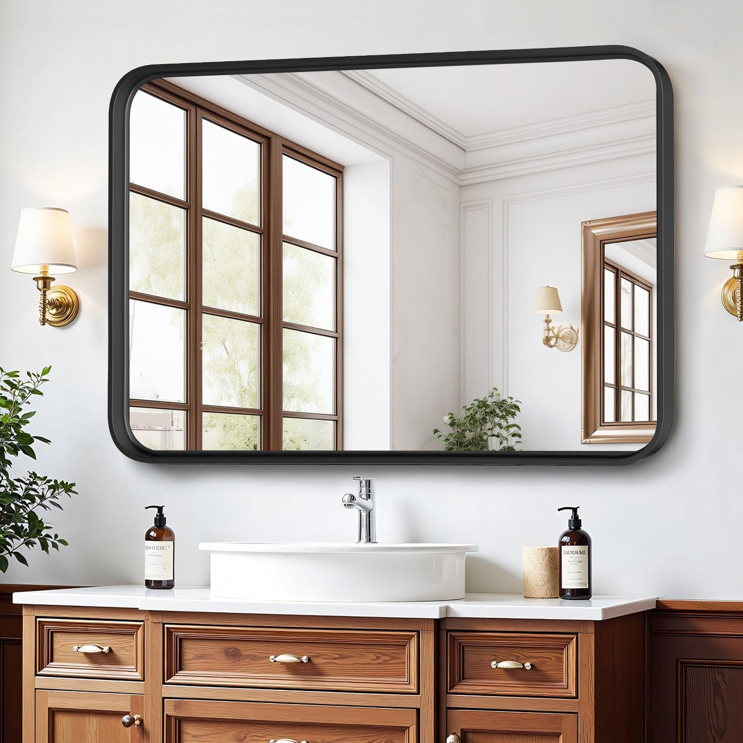 Bathroom Mirror for Wall, 36x24 Inch Rounded Rectangle Mirror, Black Metal Framed Bathroom Vanity Mirror for Restroom Farmhouse, Anti-Rust, Tempered Glass, Horizontally or Vertically Hanging