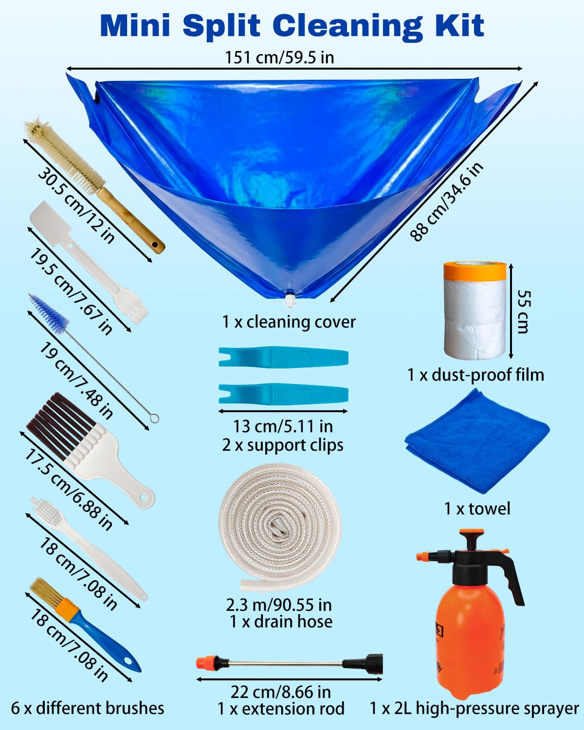 Piemow Mini Split Cleaning Kit - 14 Pcs Air Conditioner Cleaning Accessories, AC Flush Kit Includes 2L High Pressure Sprayer, Split Clean Bag, Drain Hose, Brush and More