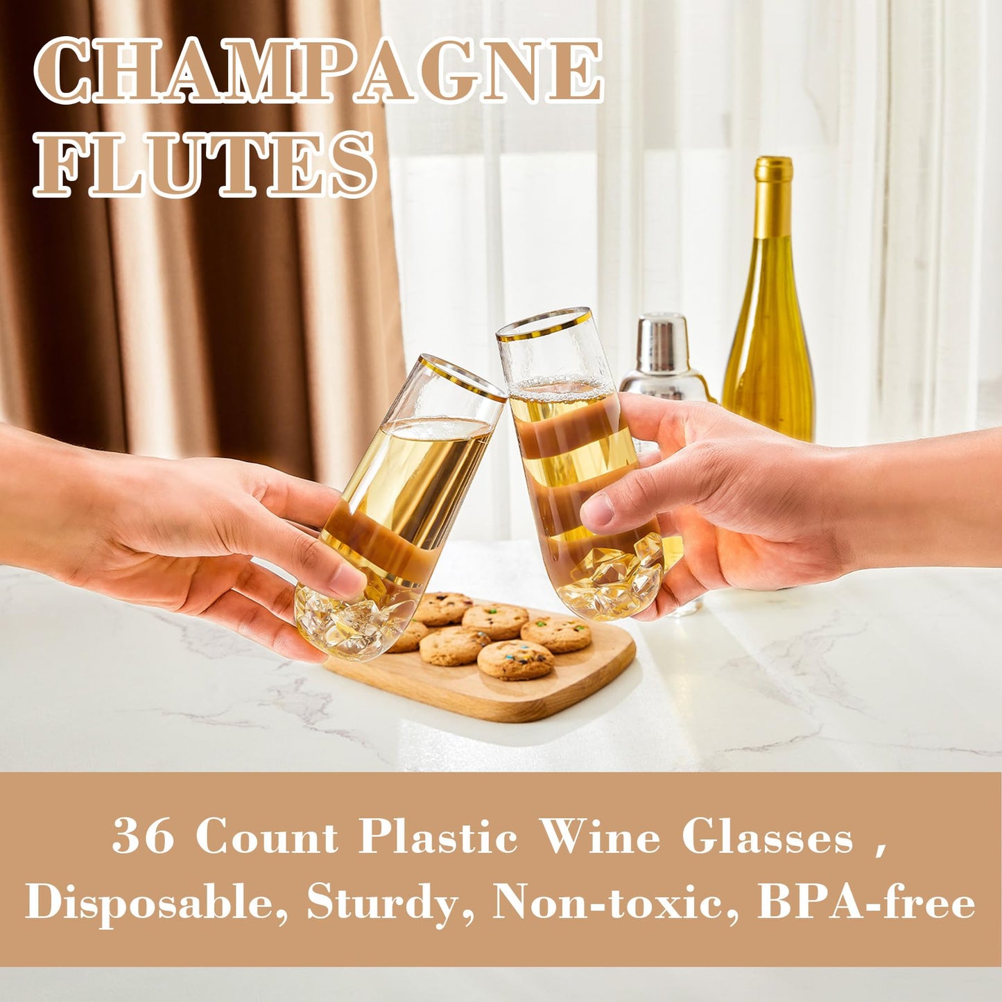 N9R 36PCS Plastic Champagne Flutes, 9 Oz Stemless Disposable Gold Rim Toasting Glasses, Crystal Clear Cocktail Cups Drinkware Shatterproof Ideal for Party Wedding Birthday