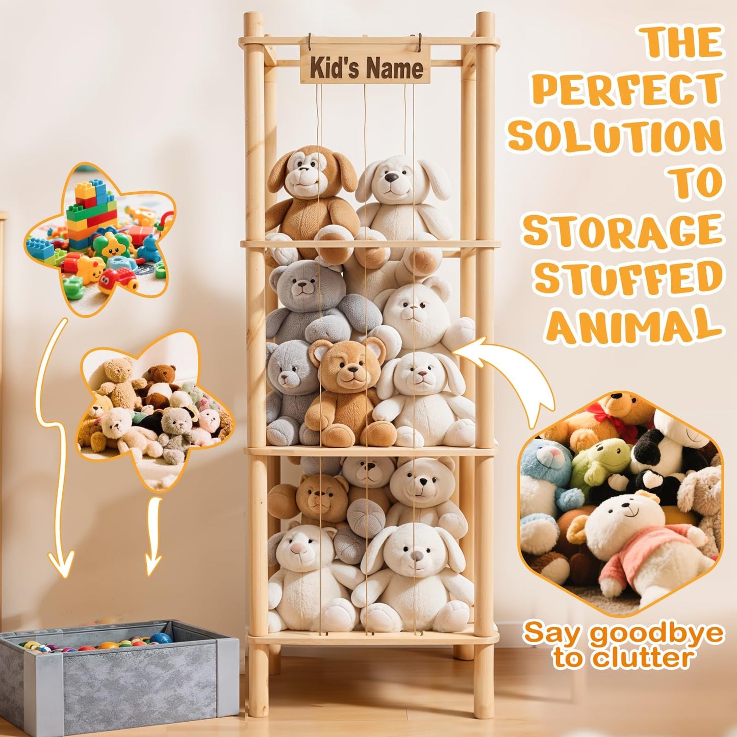 WORLDMX Stuffed Animal Storage with Toys Tray, 57In Large Wooden Stuffy Plushies Storage Holder Extra Large Capacity Stuffed Animals Zoo Organizer for Toddler Rooms, Playrooms & Bedrooms